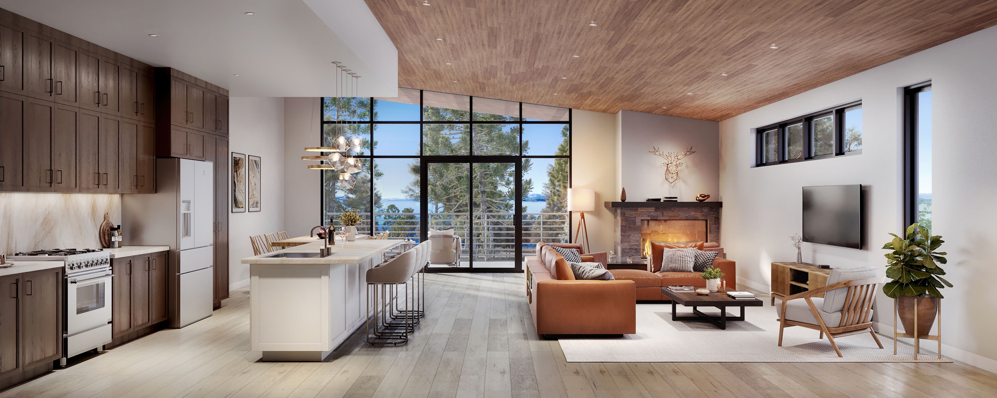 3D interior rendering of an open-plan kitchen and living area at Alpine View Estates, with a timber ceiling, fireplace, and floor-to-ceiling windows framing Lake Tahoe