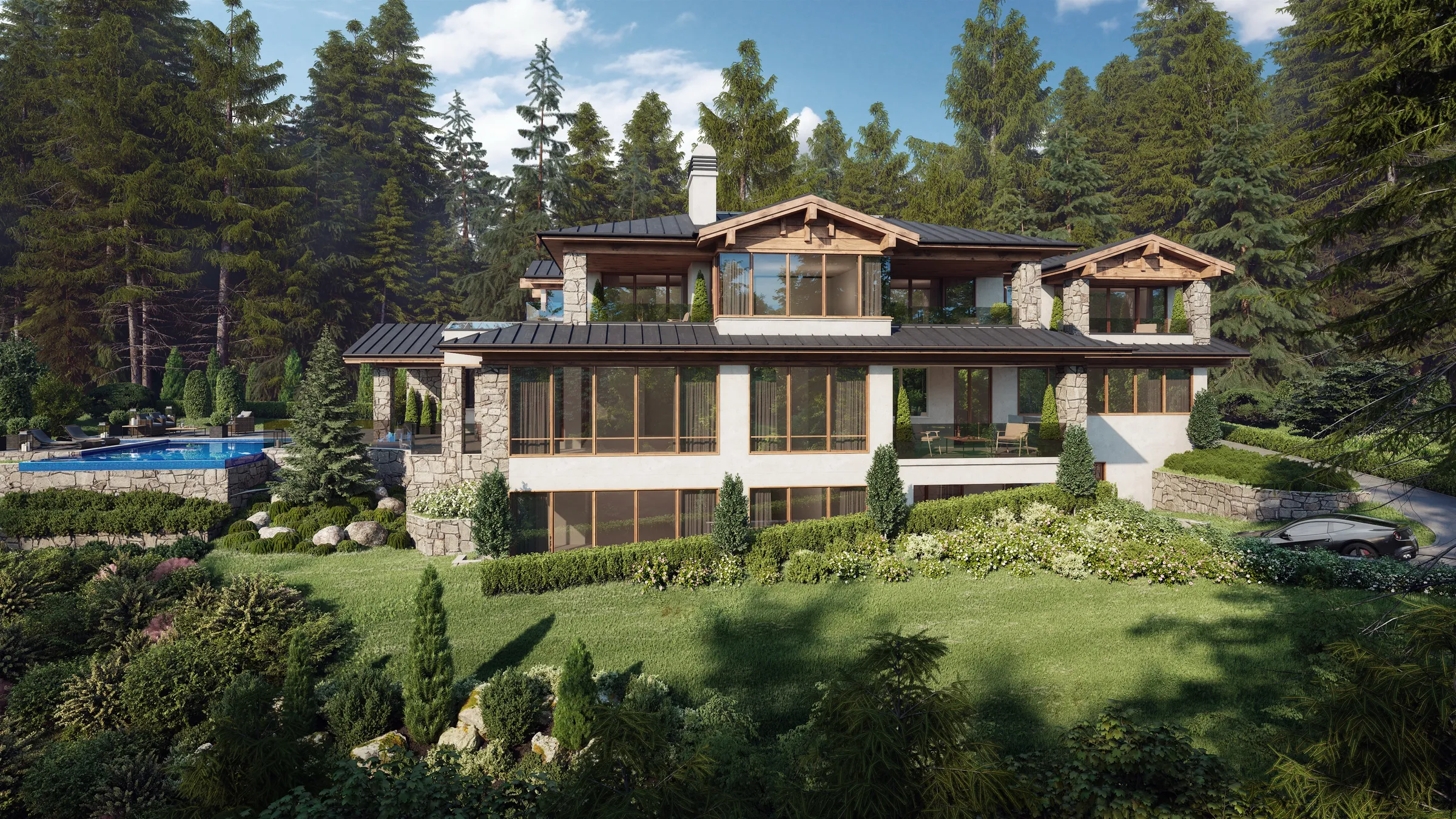 Photorealistic 3D rendering by NoTriangle Studio of the rear of 102 Deep Dene Road, West Vancouver, a stone and stucco house with timber gables stepping down a forested slope above a lawn, with an infinity pool on the left.