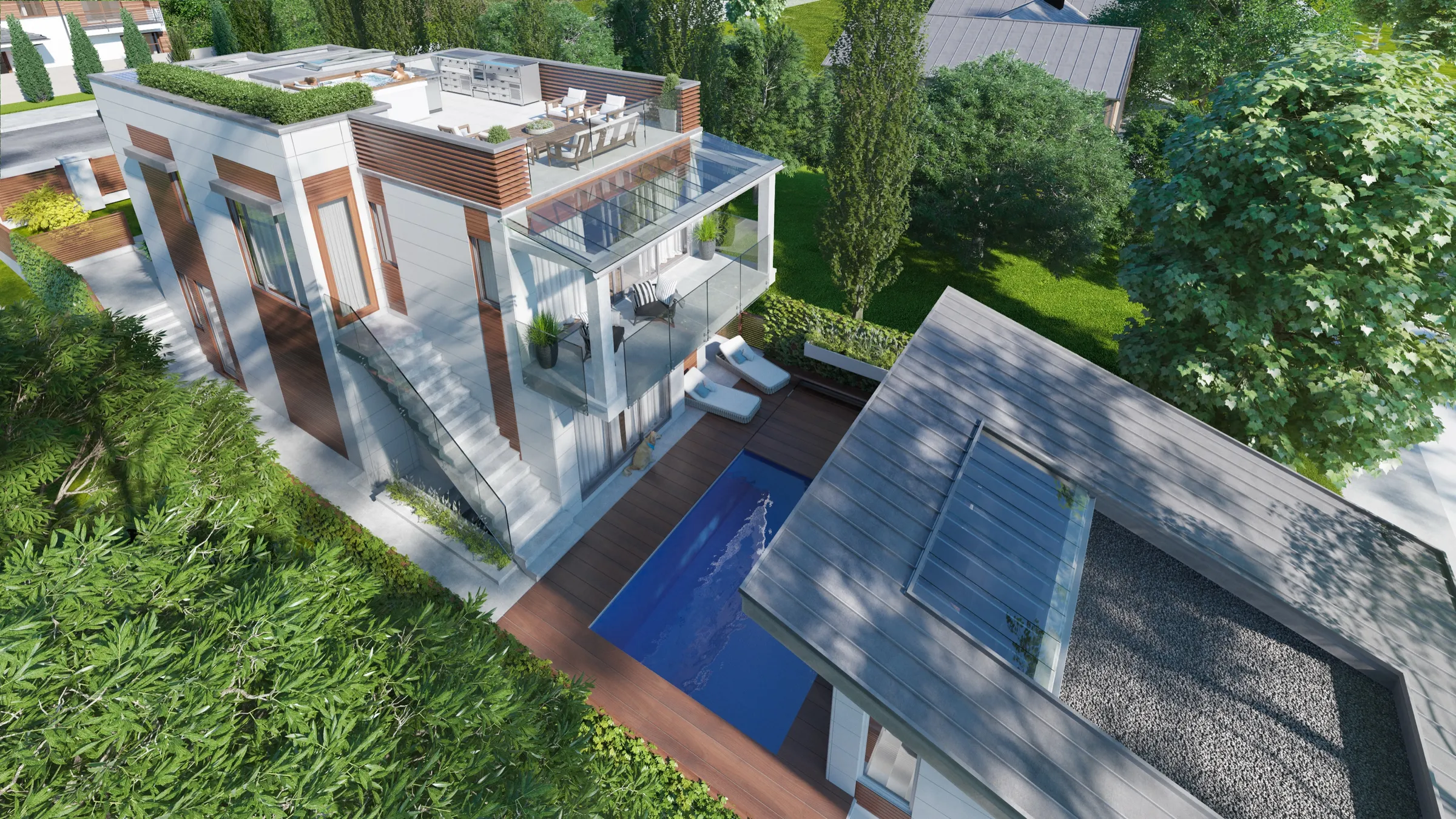 Photorealistic aerial 3D rendering by NoTriangle Studio of 1216 Duchess Avenue, West Vancouver, showing a white and wood clad modern house with a rooftop deck and outdoor kitchen, glass-roofed balcony, open stair and a narrow pool on a timber deck.