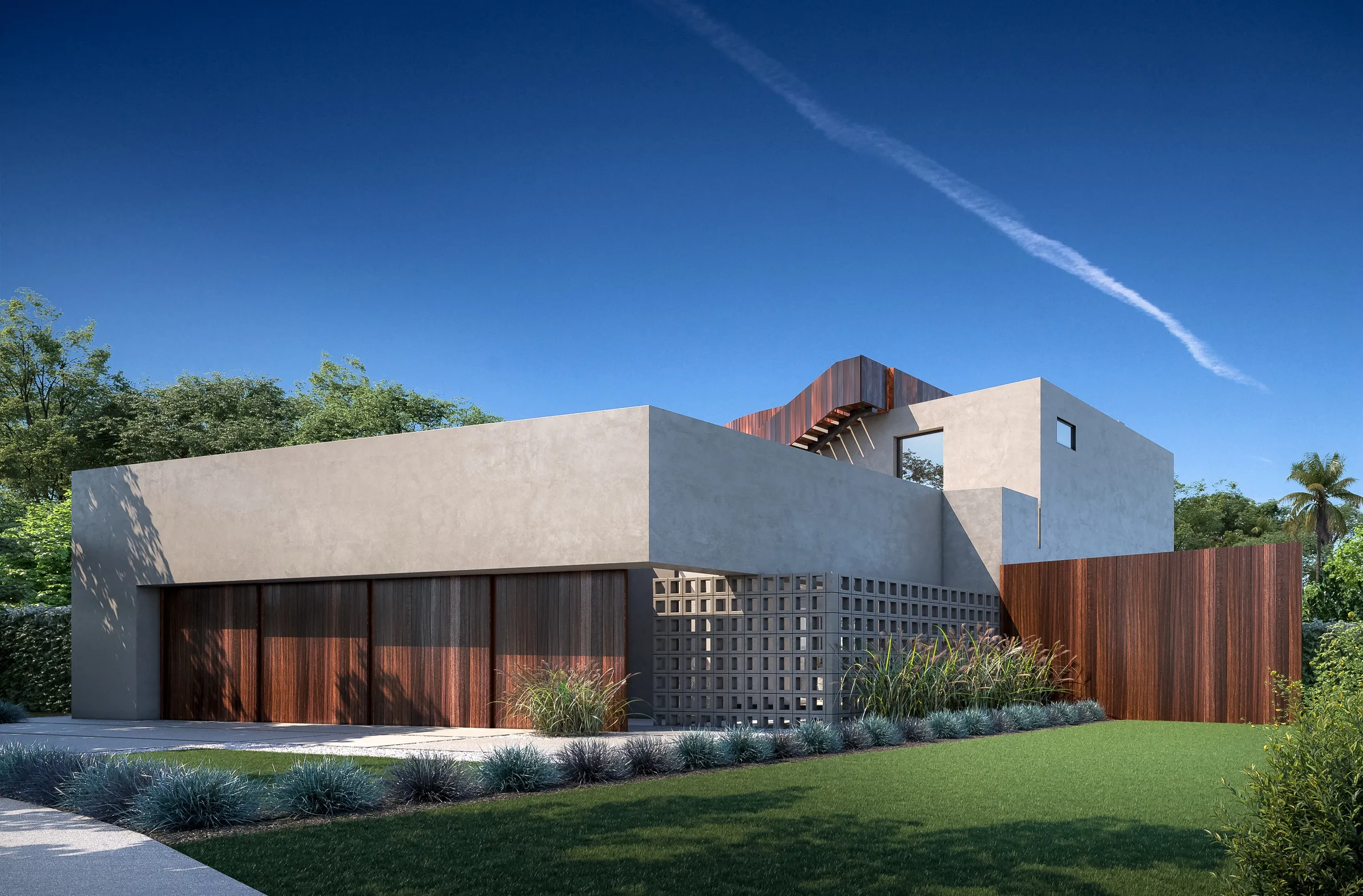Photorealistic 3D rendering by NoTriangle Studio of the street front of 13161 Psomas Way, Mar Vista: a grey plaster house with timber garage doors, a concrete breeze-block screen, a timber fence and a curved timber roof deck rail above.