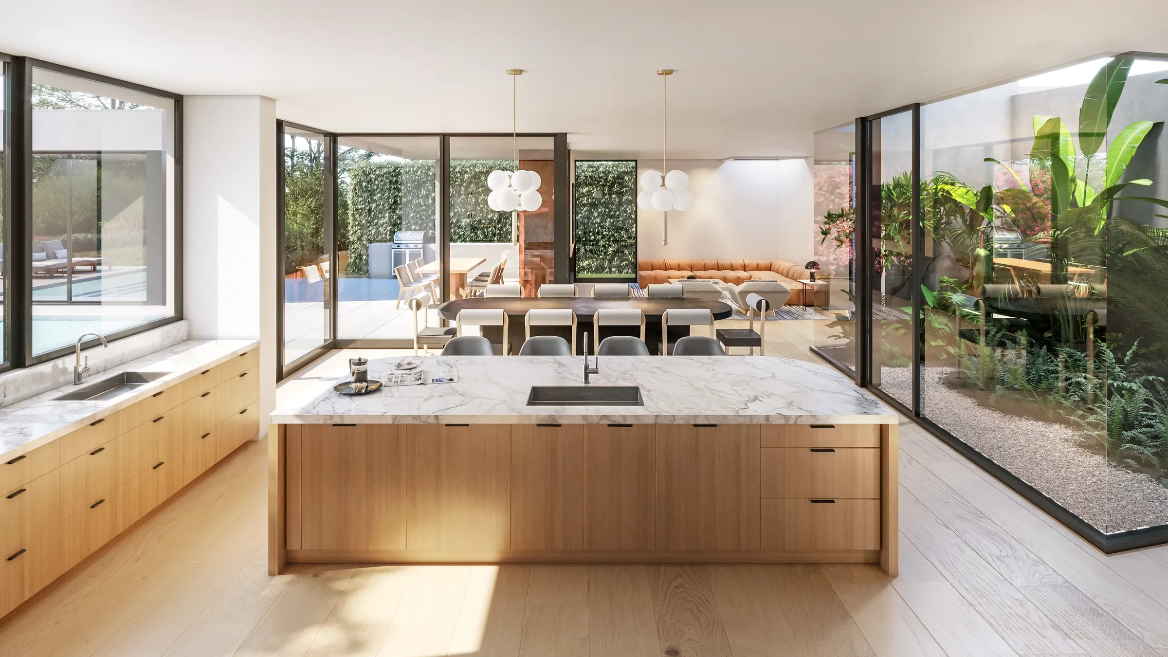 Photorealistic 3D rendering by NoTriangle Studio of the kitchen at 13161 Psomas Way, Mar Vista: a white oak island with a marble top beside a glazed planted courtyard, looking through the dining area to the family room.