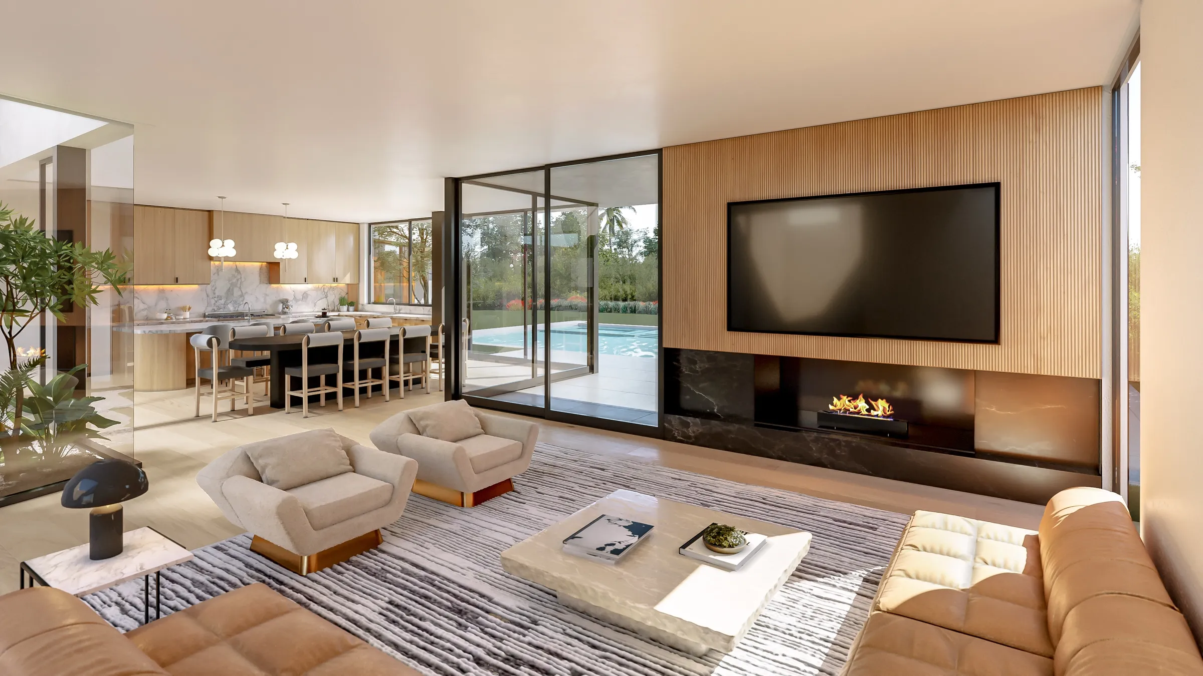Photorealistic 3D rendering by NoTriangle Studio of the living room at 13161 Psomas Way, Mar Vista: tan leather sofas, a travertine coffee table and a fireplace below a timber-slat media wall, open to the kitchen and to the pool through sliding glass.