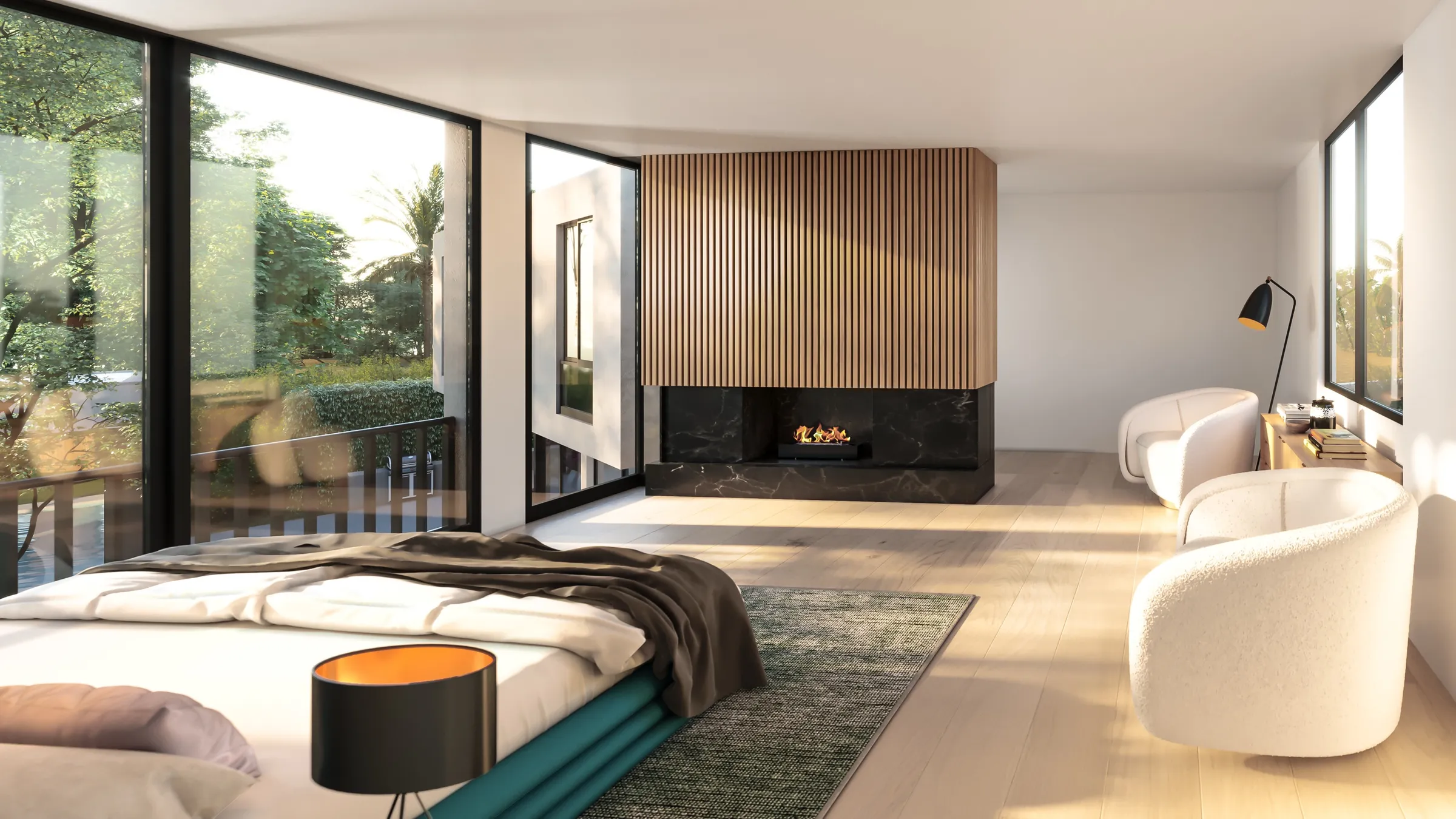 Photorealistic 3D rendering by NoTriangle Studio of the primary bedroom at 13161 Psomas Way, Mar Vista: corner glass onto a balcony and trees, a timber-slat fireplace wall with a black stone surround, and two white armchairs.