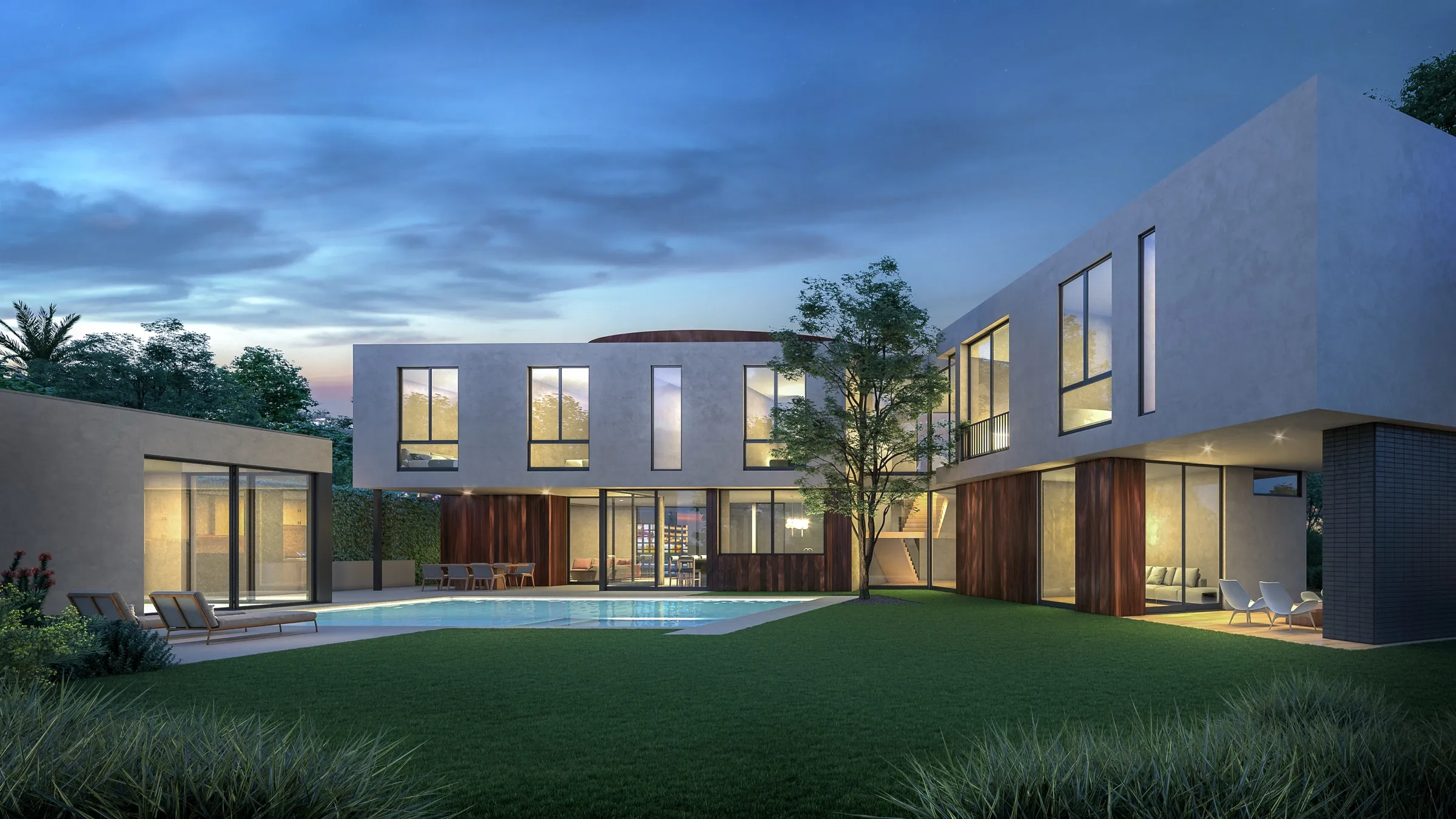 Photorealistic 3D rendering by NoTriangle Studio of the rear of 13161 Psomas Way in Mar Vista, Los Angeles, at twilight: a two-storey plaster house with timber-clad lower walls and lit glass doors wrapping a lawn and a long pool with loungers.