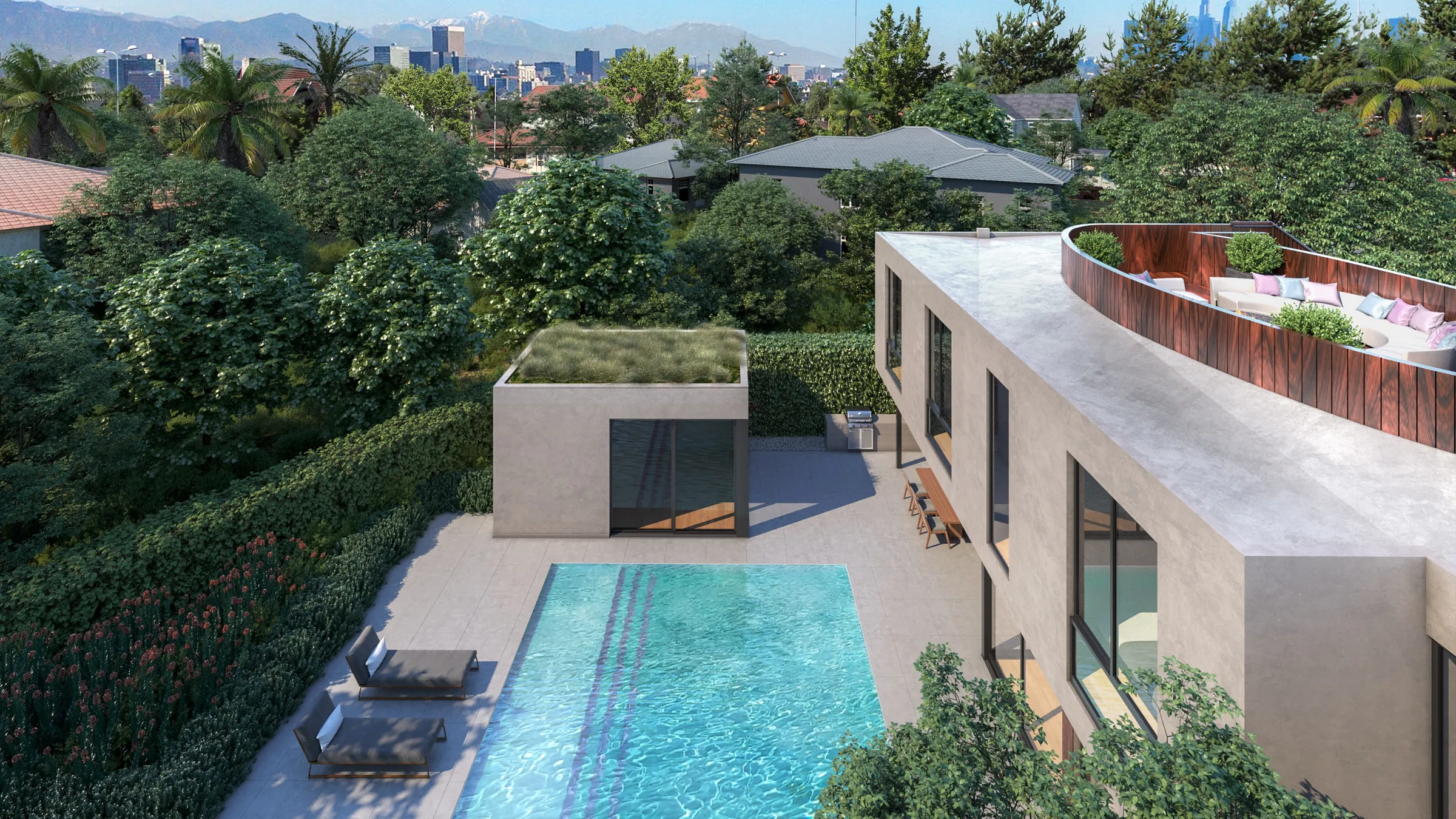 Photorealistic 3D rendering by NoTriangle Studio of 13161 Psomas Way, Mar Vista, from above: a curved timber-lined roof deck with a lounge, a green-roofed pool house and a tiled pool, with mature trees and the downtown Los Angeles skyline beyond.