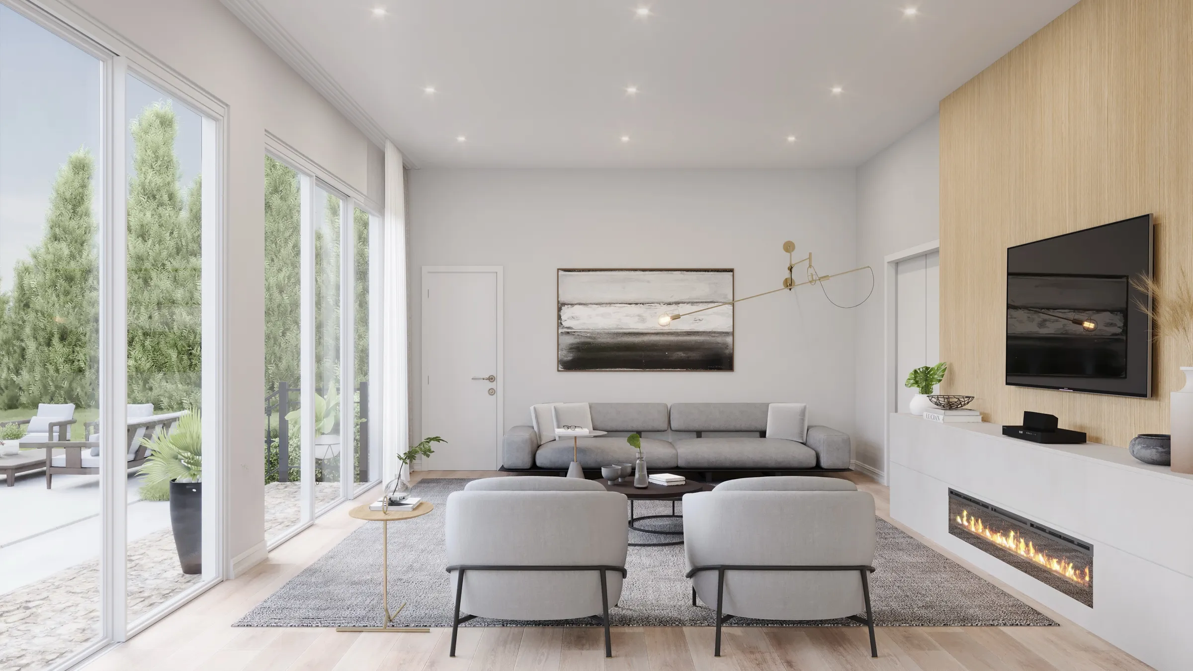 3D rendering of a bright modern living room at 14 White Plains Road, with a linear gas fireplace in a stone-and-wood feature wall, a wall-mounted TV, gray seating, and floor-to-ceiling glass onto the patio.