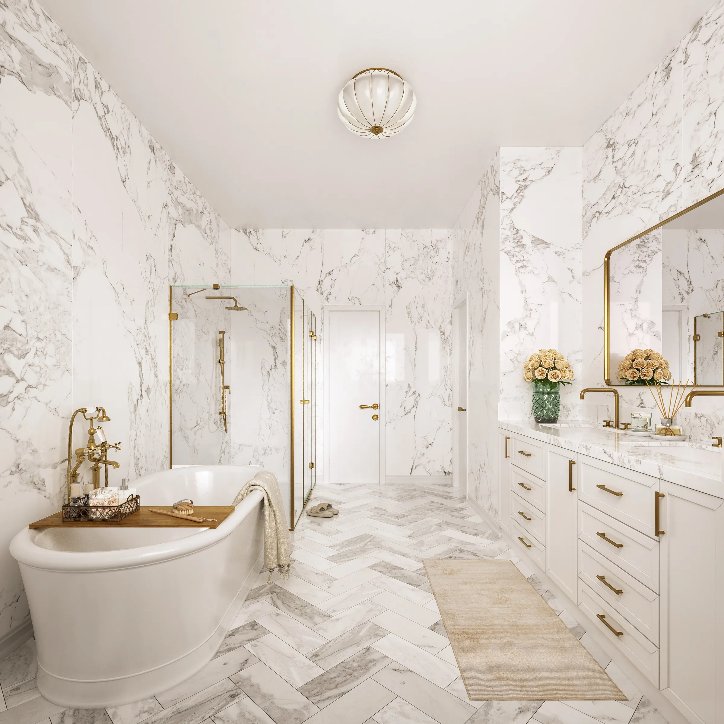 3D rendering of a marble-clad primary bathroom at 14 White Plains Road with a freestanding soaking tub, a glass shower, a double vanity with brass fixtures, and herringbone marble flooring.