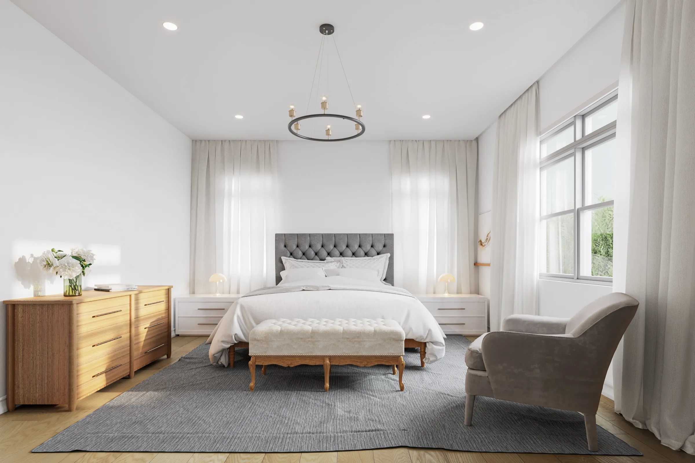 3D rendering of the primary bedroom at 14 White Plains Road, with a gray tufted upholstered bed, a wood dresser, a ring chandelier, and sheer-curtained windows on two walls.