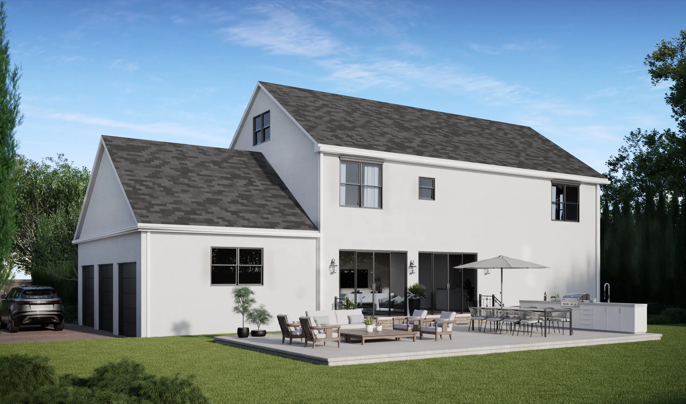 Daytime 3D rendering of the rear of 14 White Plains Road and its backyard, with a paved patio of lounge and dining furniture under an umbrella, a built-in outdoor kitchen, sliding glass doors, and a side two-car garage.