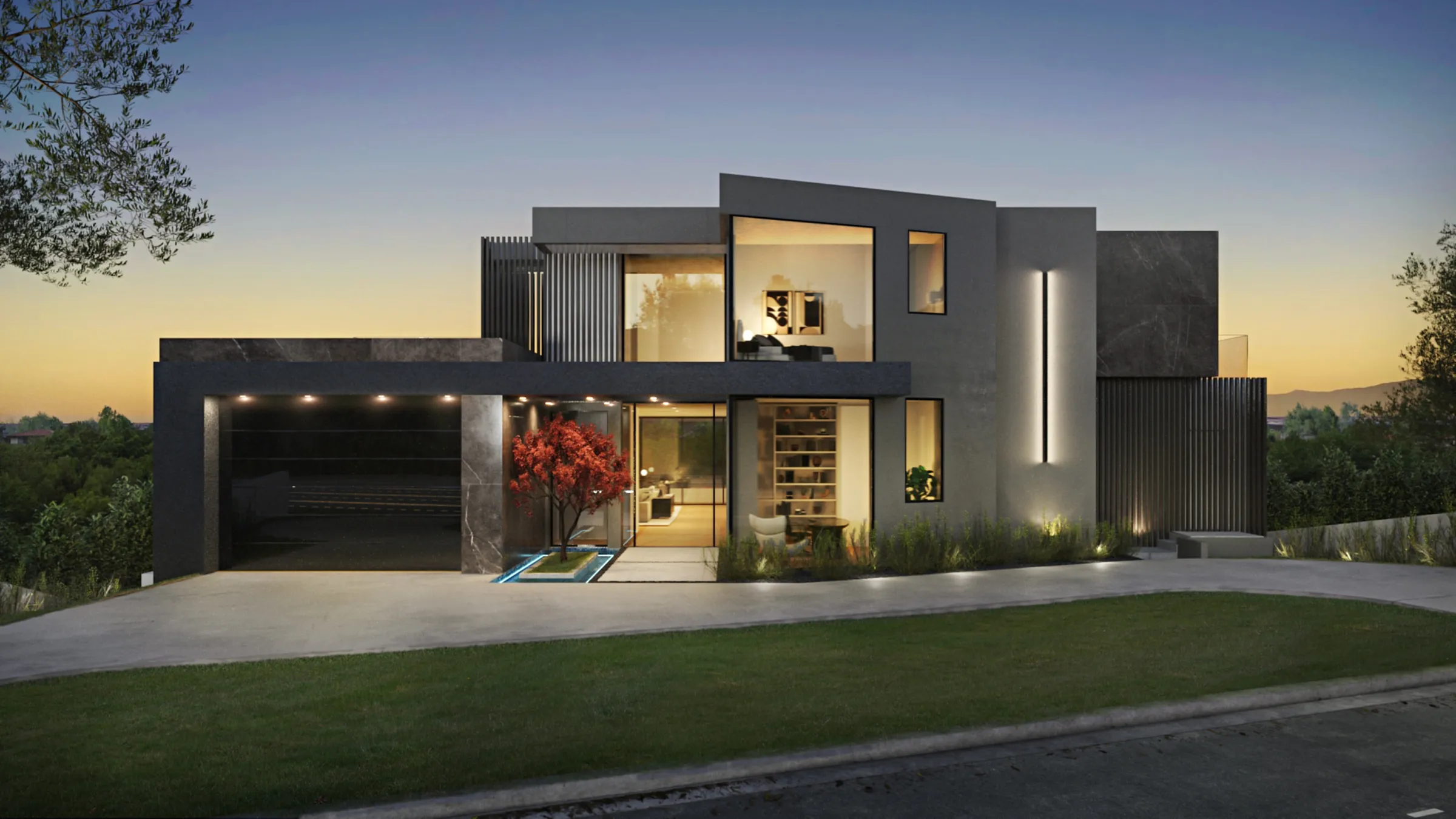 Twilight 3D rendering of the front facade of 1660 Casale Road, a modern estate in Pacific Palisades, Los Angeles