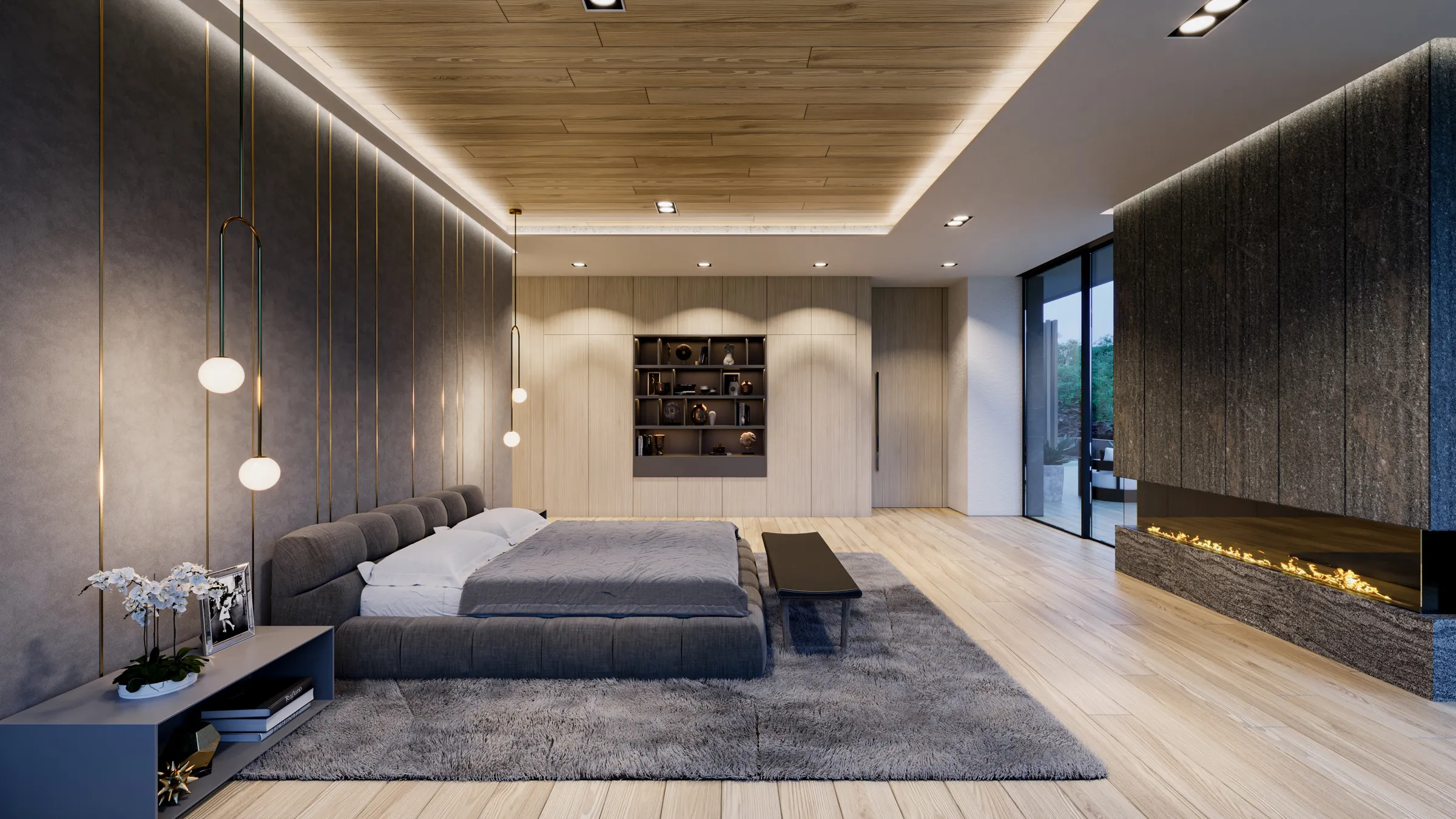 3D rendering of the primary bedroom at 1660 Casale Road, with a wood-slat ceiling, an upholstered platform bed, a built-in shelving niche, a linear fireplace in a dark stone wall, and gold pendant lighting.
