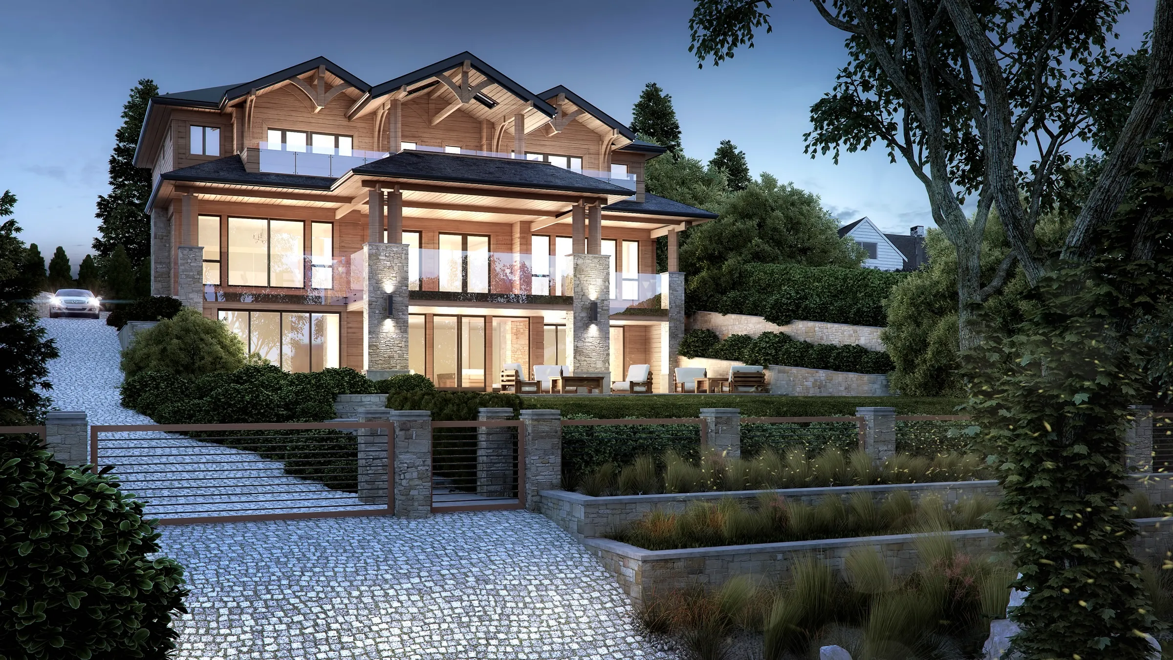 Photorealistic 3D rendering at dusk by NoTriangle Studio of 1765 Queens Avenue, West Vancouver, a three-level timber and stone house with glass railings and lit terraces above a cobbled drive, stone and steel gate and planted retaining walls.