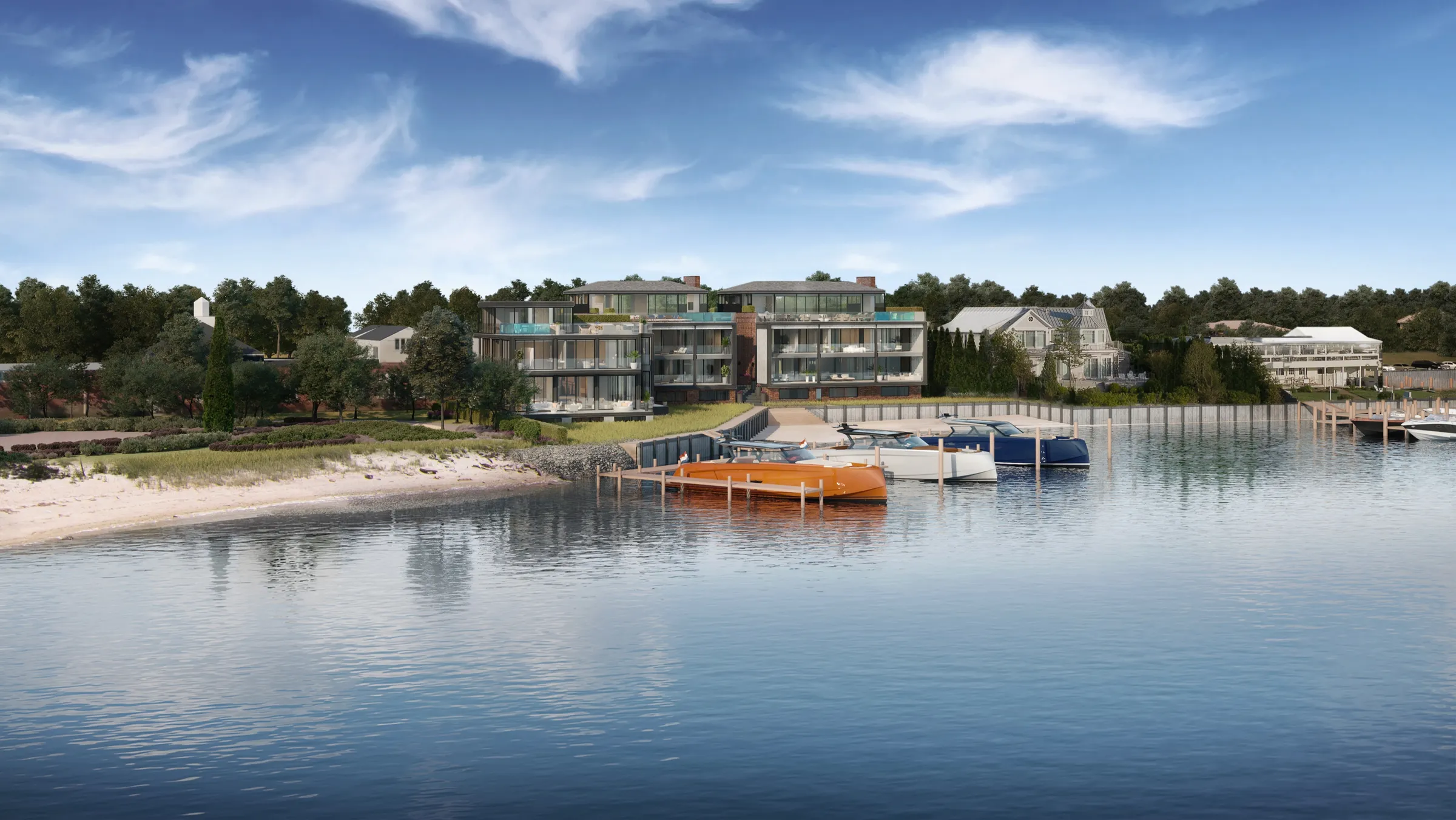 Exterior 3D rendering of an earlier scheme for 2 West Water Street seen from Sag Harbor Cove, glass rear facades above a lawn and a sandy beach, with boats moored at a timber dock.