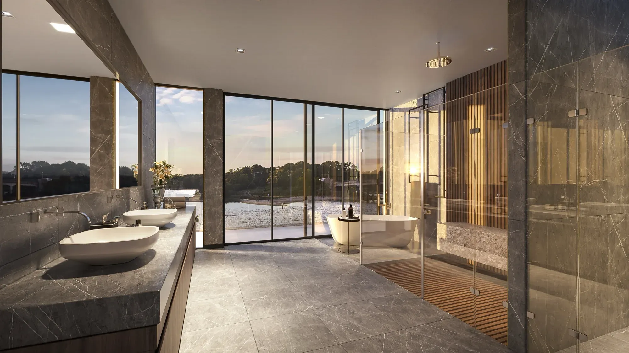 3D rendering of the primary bathroom in Residence C at 2 West Water Street, Sag Harbor: grey marble, twin basins and a freestanding tub before floor-to-ceiling glass facing the cove at dusk