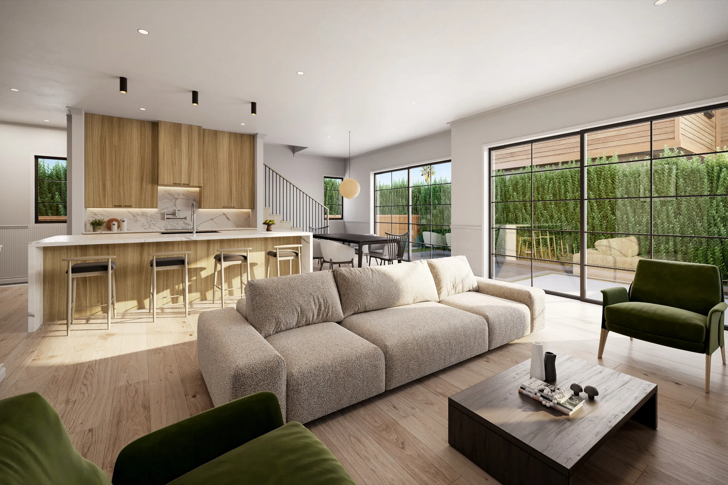 Photorealistic 3D rendering by NoTriangle Studio of the great room at 2206 Gates Avenue, Redondo Beach: a boucle sofa and green velvet armchairs, an oak kitchen island, and black steel-framed glass doors to a private yard.