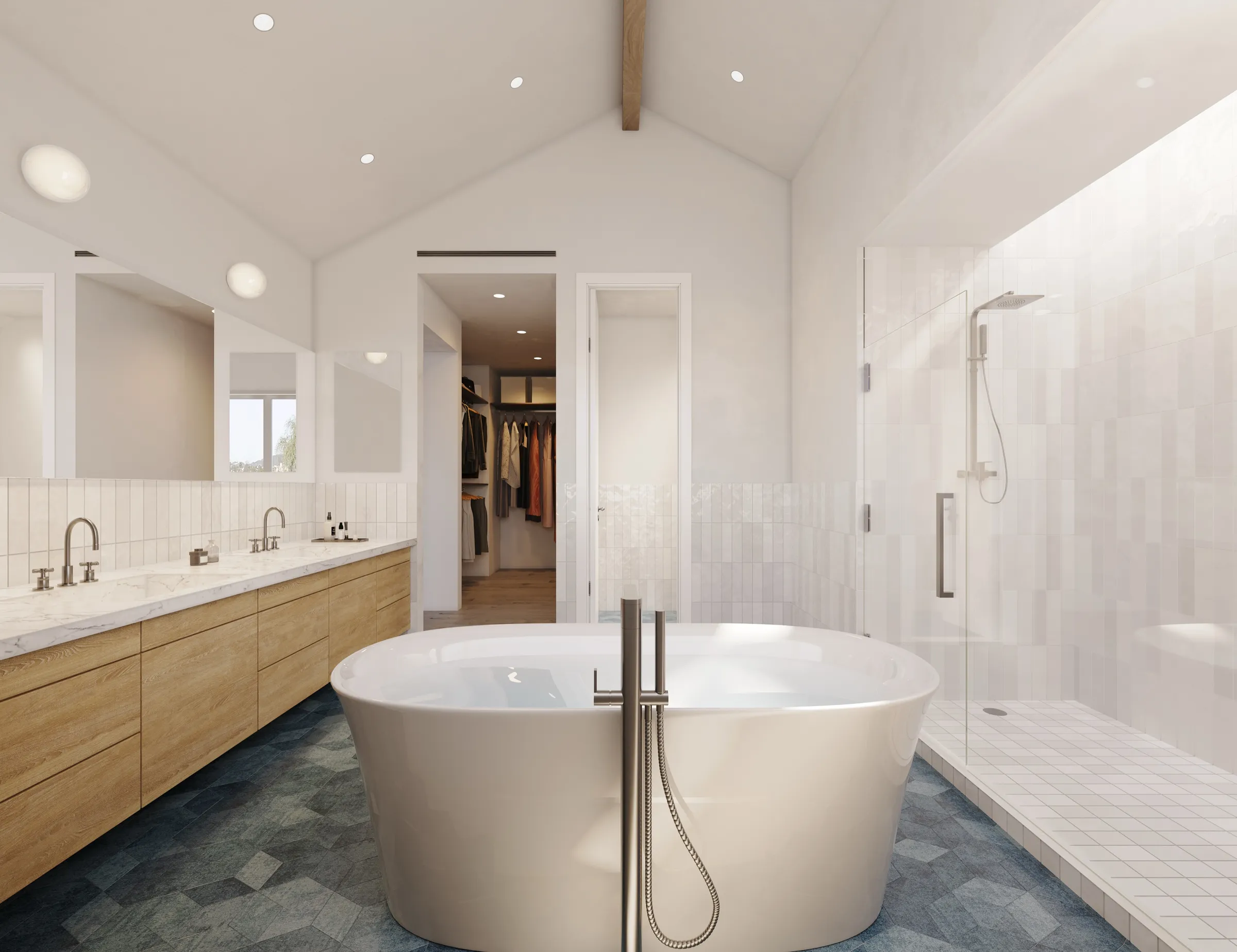 Photorealistic 3D rendering by NoTriangle Studio of the primary bathroom at 2206 Gates Avenue, Redondo Beach: a freestanding tub on blue hexagon tiles, a double oak vanity, a glass walk-in shower and a walk-in closet beyond.