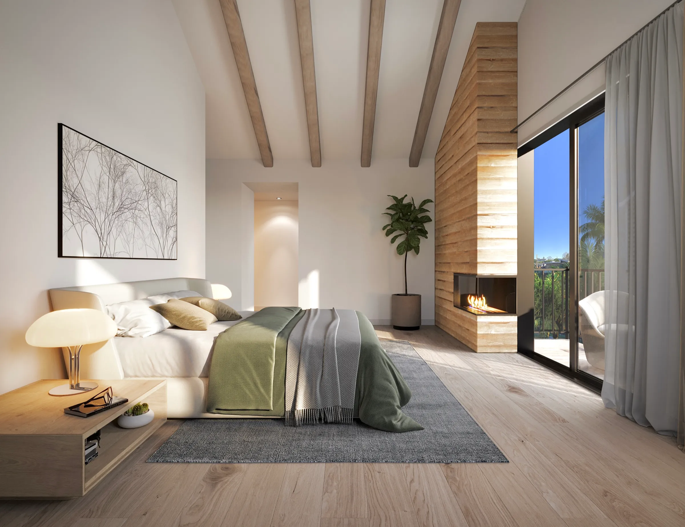 Photorealistic 3D rendering by NoTriangle Studio of the primary bedroom at 2206 Gates Avenue, Redondo Beach: a vaulted ceiling with timber beams, a stacked timber fireplace and sliding glass to a balcony with palms beyond.