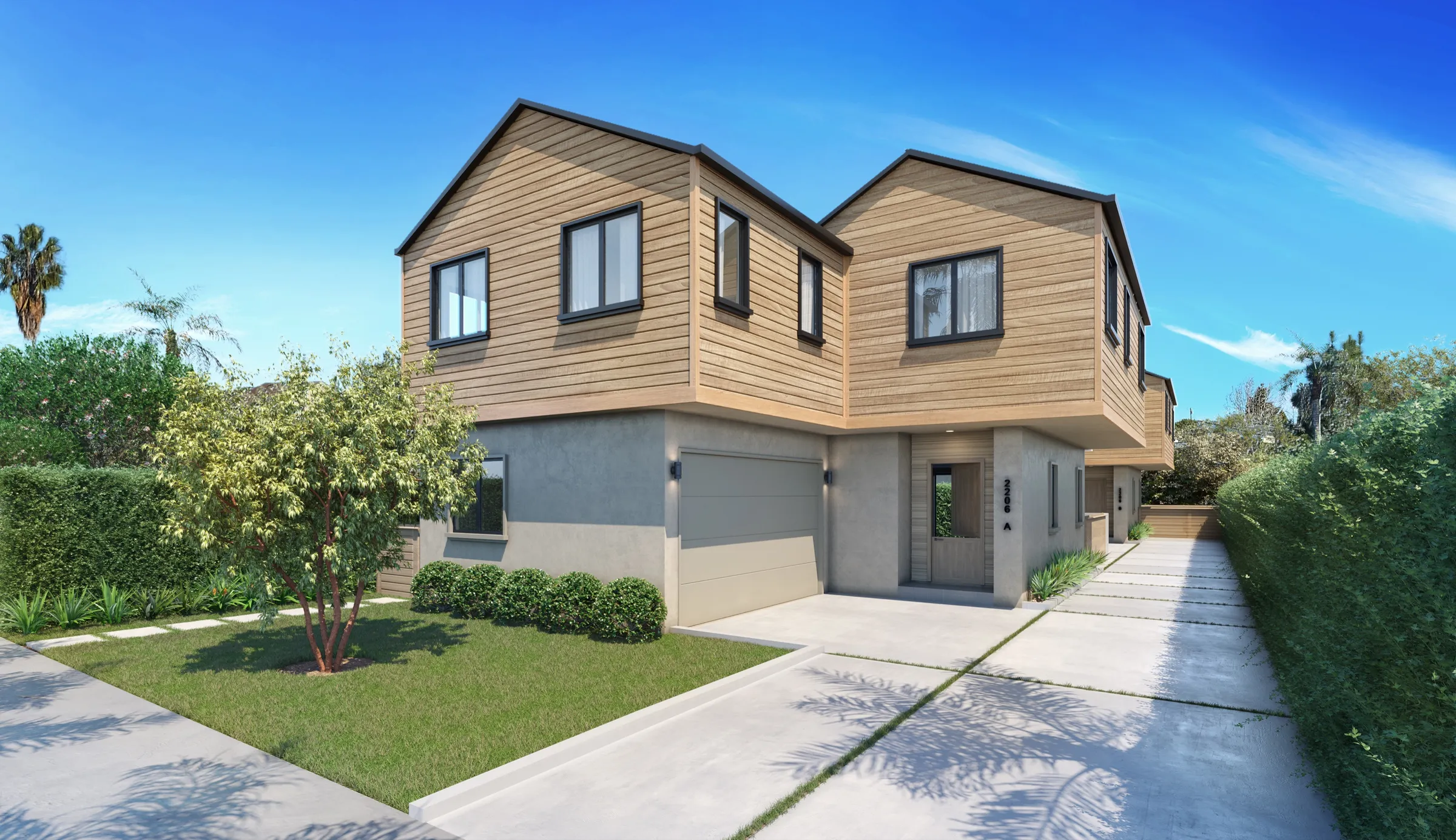 Photorealistic 3D rendering by NoTriangle Studio of the townhouses at 2206 Gates Avenue, Redondo Beach, in the first version: warm horizontal timber gables over grey plaster, a lawn with a young tree and a clipped hedge along the driveway.