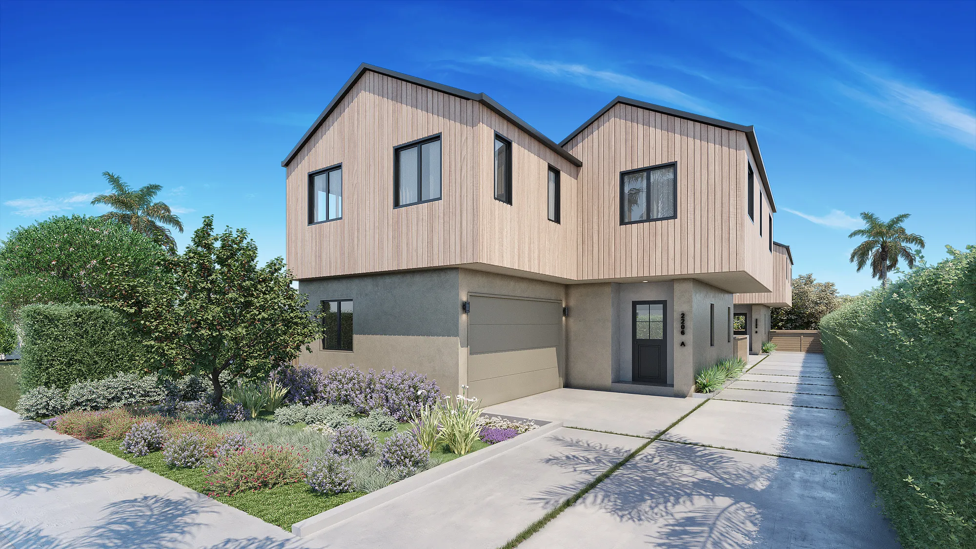 Photorealistic 3D rendering by NoTriangle Studio of the townhouses at 2206 Gates Avenue, Redondo Beach, with the final landscaping: two gabled volumes in pale vertical timber over grey plaster, lavender and native planting, and a long shared driveway.