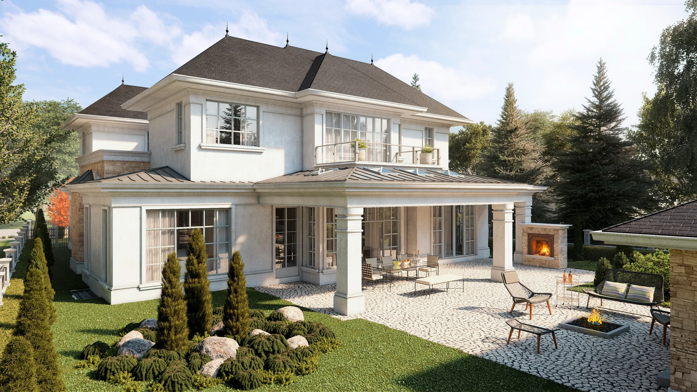 Photorealistic 3D rendering by NoTriangle Studio of the rear of 2833 Aurora Road, North Vancouver, a white two-storey house with dark hipped roofs, a columned loggia, cobblestone patio, outdoor fireplace and fire pit.