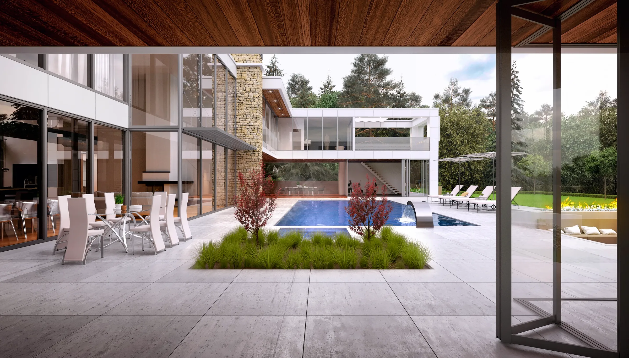 Photorealistic 3D rendering by NoTriangle Studio of the pool courtyard at 2950 Palmerston Avenue, West Vancouver, seen from under a wood ceiling past folding glass doors, with a white modern house, stone chimney, dining terrace and planted island.