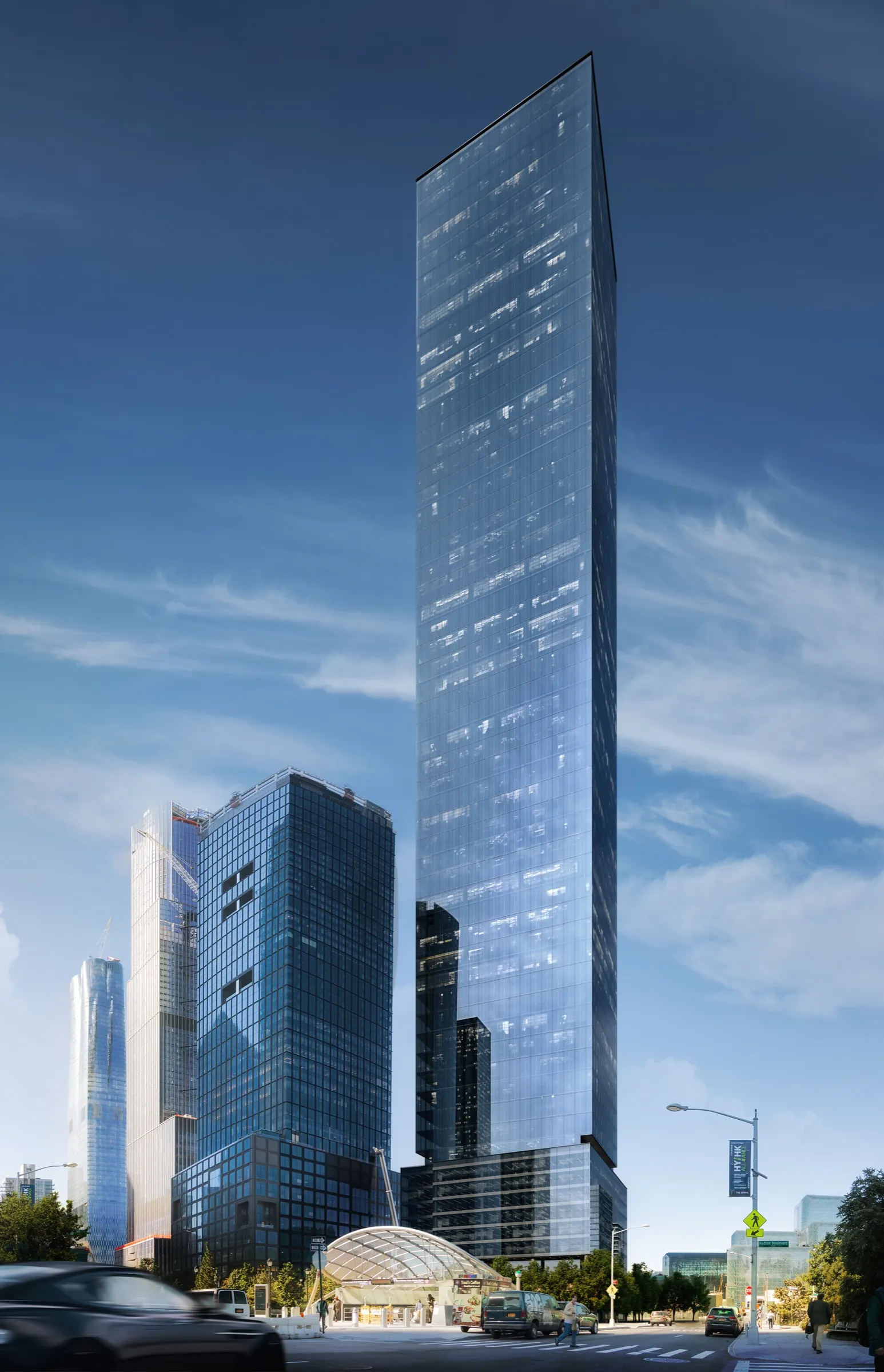 Street-level 3D rendering by NoTriangle Studio of an early concept of 3 Hudson Boulevard: a slender glass tower rising over the corner of Hudson Boulevard, with Hudson Yards towers and the glass canopy of the 34th Street subway entrance to the left.
