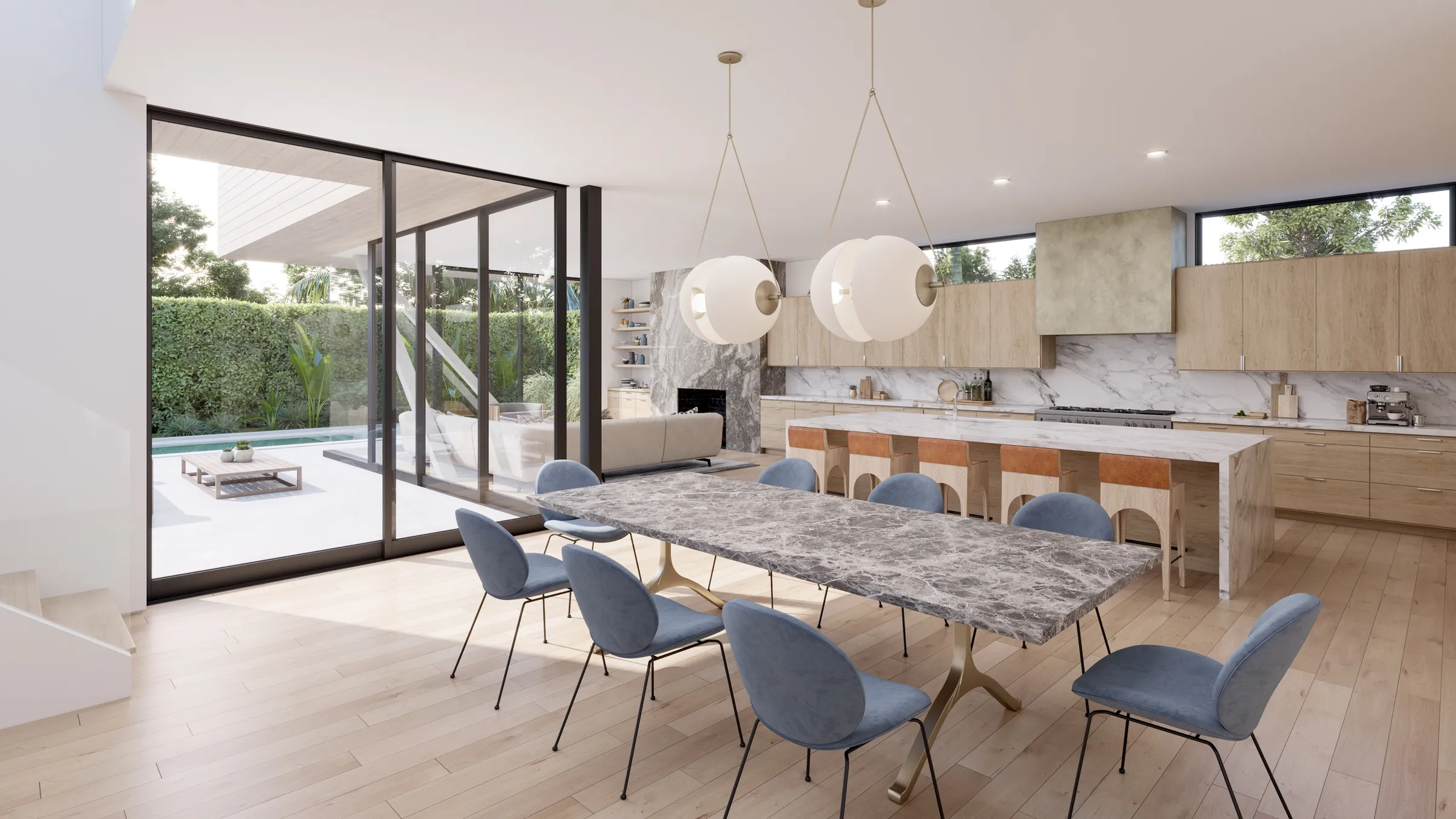 Photorealistic 3D rendering by NoTriangle Studio of the dining room and kitchen at 3140 Grand View Boulevard, Mar Vista: a grey stone table with blue chairs under two globe pendants, oak cabinets, and sliding glass to the pool terrace.