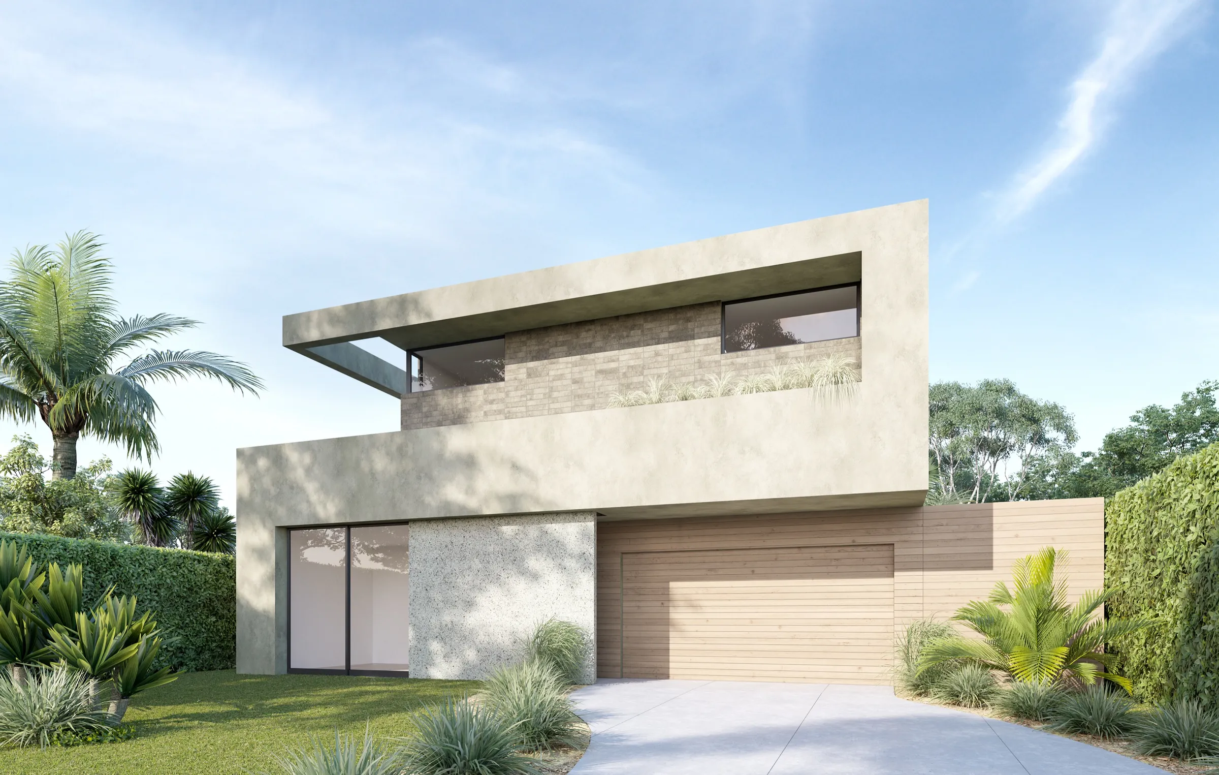 Photorealistic 3D rendering by NoTriangle Studio of the front of 3140 Grand View Boulevard, Mar Vista: a two-storey plaster house with a cantilevered upper floor, a stone-clad entry wall, a timber garage door and a palm in the front garden.