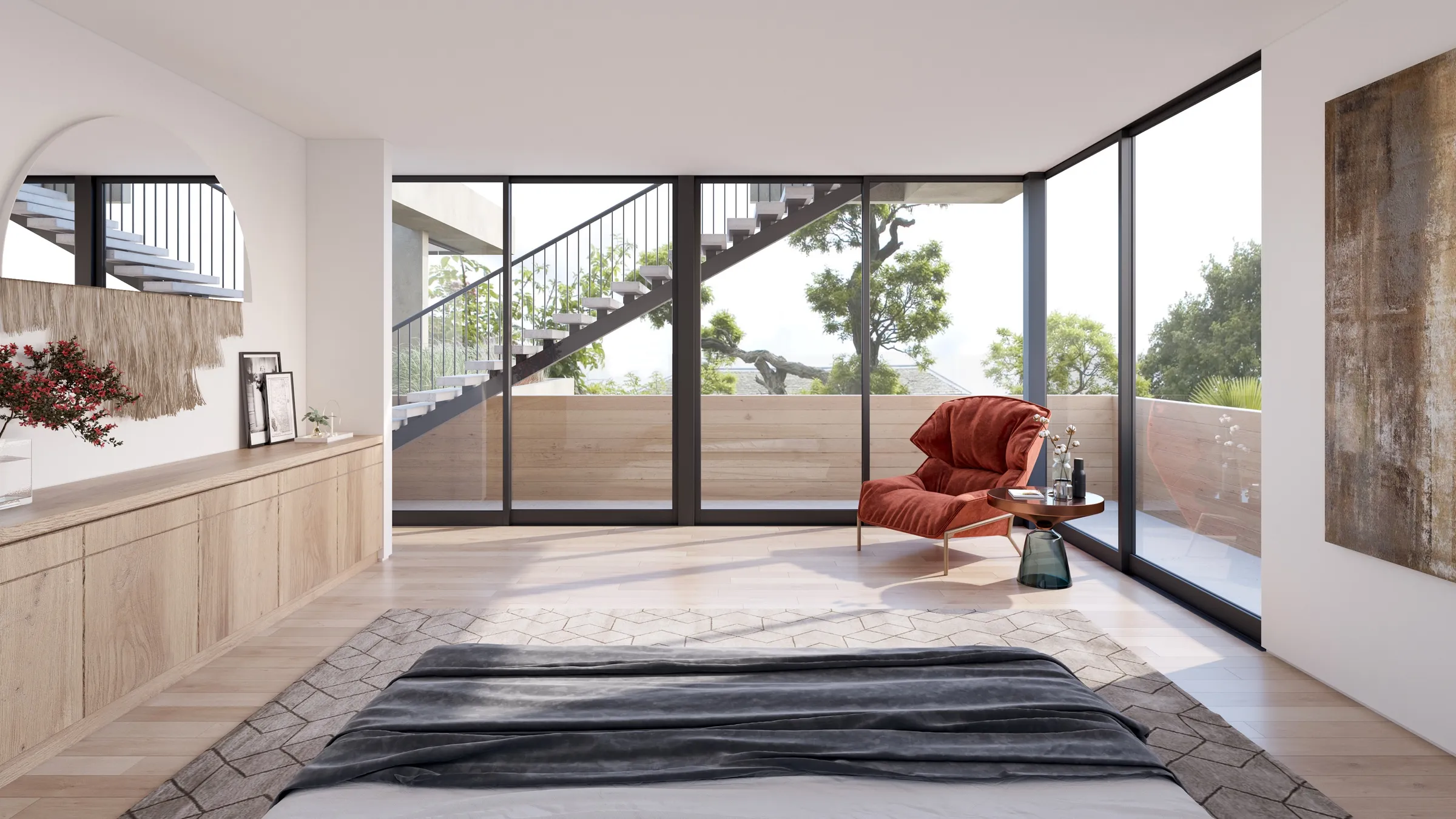 Photorealistic 3D rendering by NoTriangle Studio of the primary bedroom at 3140 Grand View Boulevard, Mar Vista: corner glass onto a balcony with the exterior stair beyond, an oak sideboard, a rust armchair and a large abstract painting.