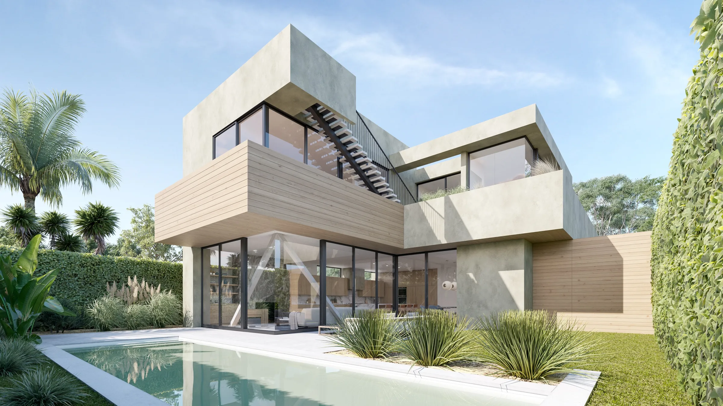 Photorealistic 3D rendering by NoTriangle Studio of the rear of 3140 Grand View Boulevard, Mar Vista: stacked plaster and horizontal timber volumes with an open steel stair to the roof, full-height glass to the living room, and a pool with agave planting.