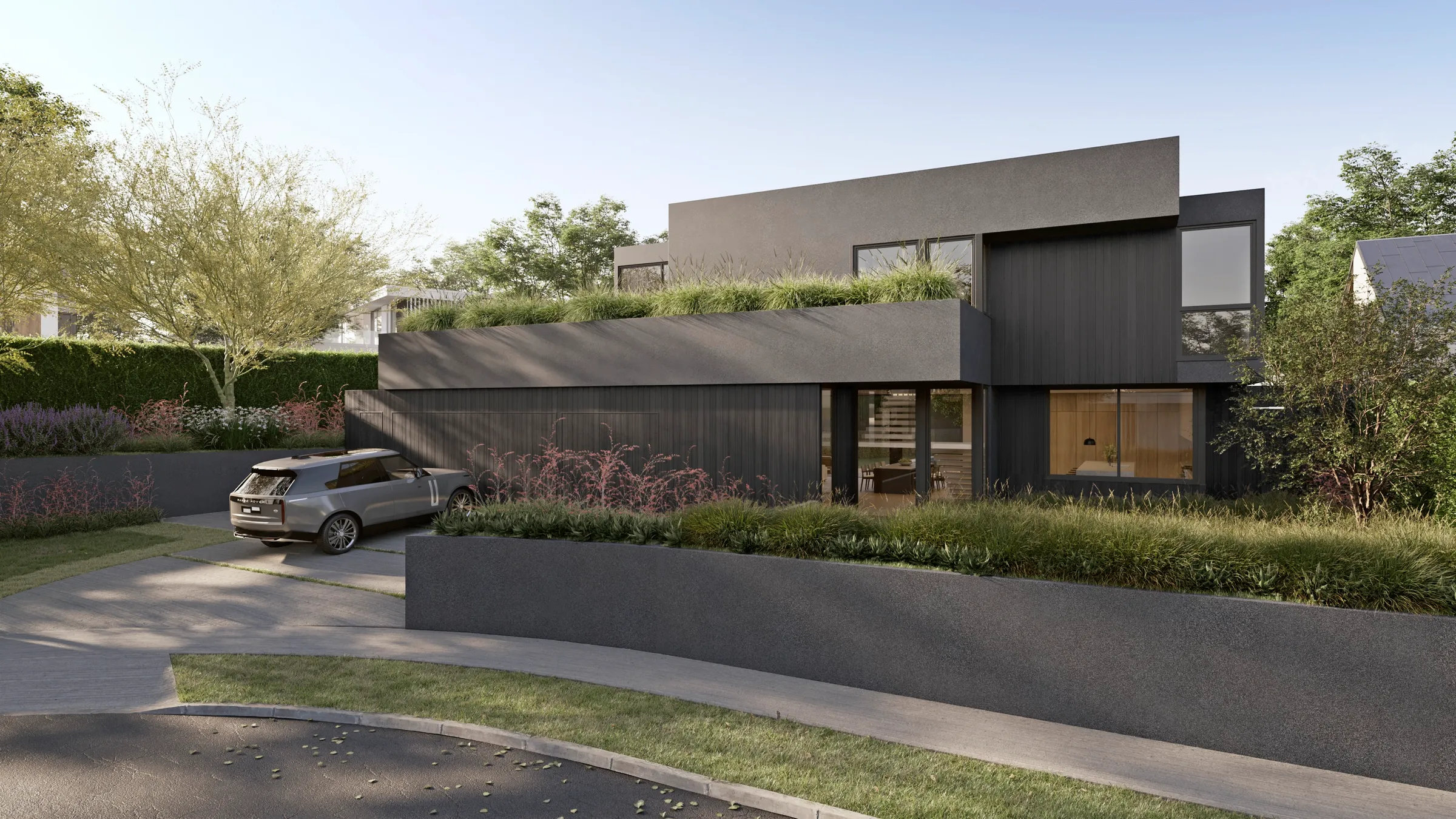 Photorealistic 3D rendering by NoTriangle Studio of the front of 3400 Greenwood Avenue, Mar Vista: a charcoal plaster and dark timber house above a board-formed retaining wall, with planted terraces, ornamental grasses and an SUV on the driveway.