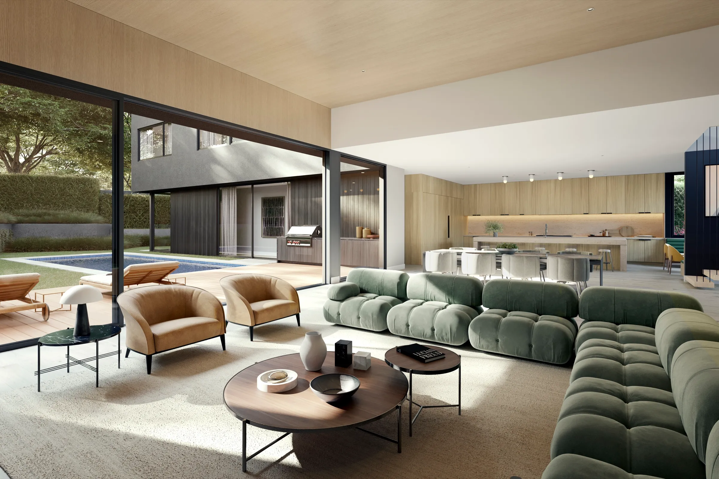 Photorealistic 3D rendering by NoTriangle Studio of the great room at 3400 Greenwood Avenue, Mar Vista: a green modular sofa and tan armchairs, a timber ceiling, and the wall opened fully to the pool terrace, with the kitchen at the back.