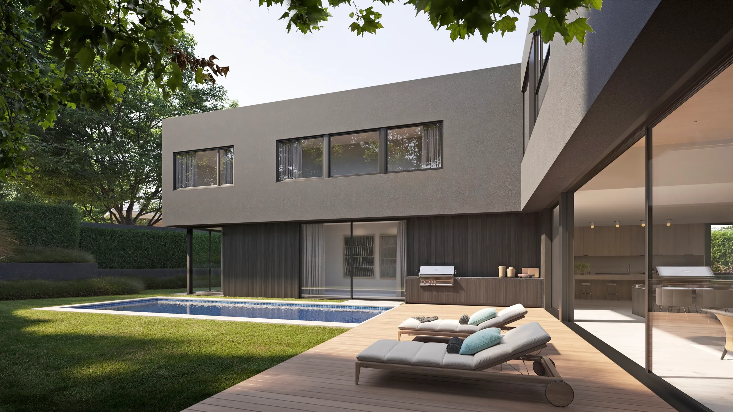 Photorealistic 3D rendering by NoTriangle Studio of the garden at 3400 Greenwood Avenue, Mar Vista: loungers on a timber deck under a deep overhang, a lawn and a pool, and an outdoor kitchen set into a dark timber wall.