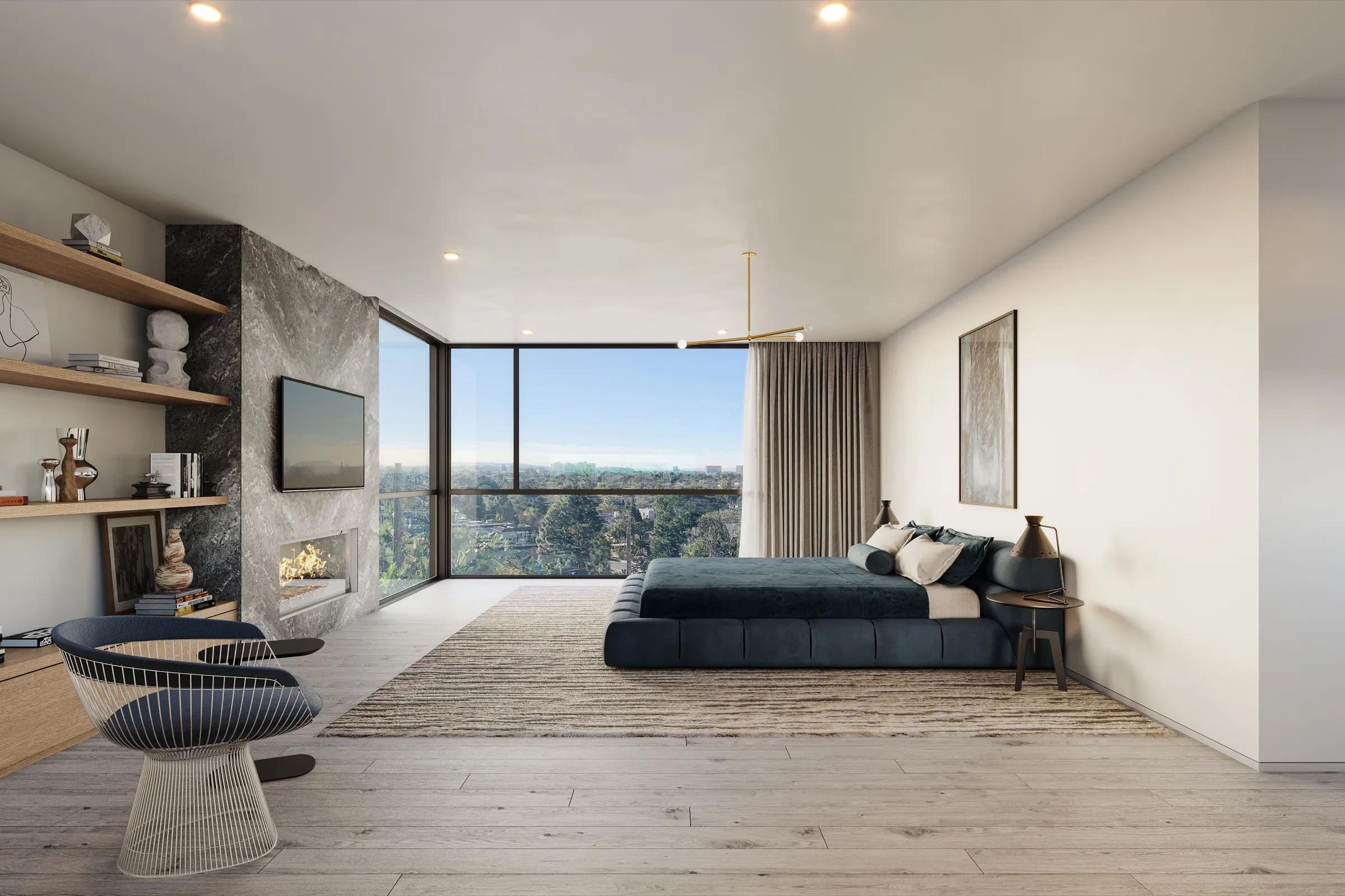 Photorealistic 3D rendering by NoTriangle Studio of the primary bedroom at 3400 Greenwood Avenue, Mar Vista: a navy bed, a grey marble fireplace wall with shelves, and a glass corner looking over the treetops.