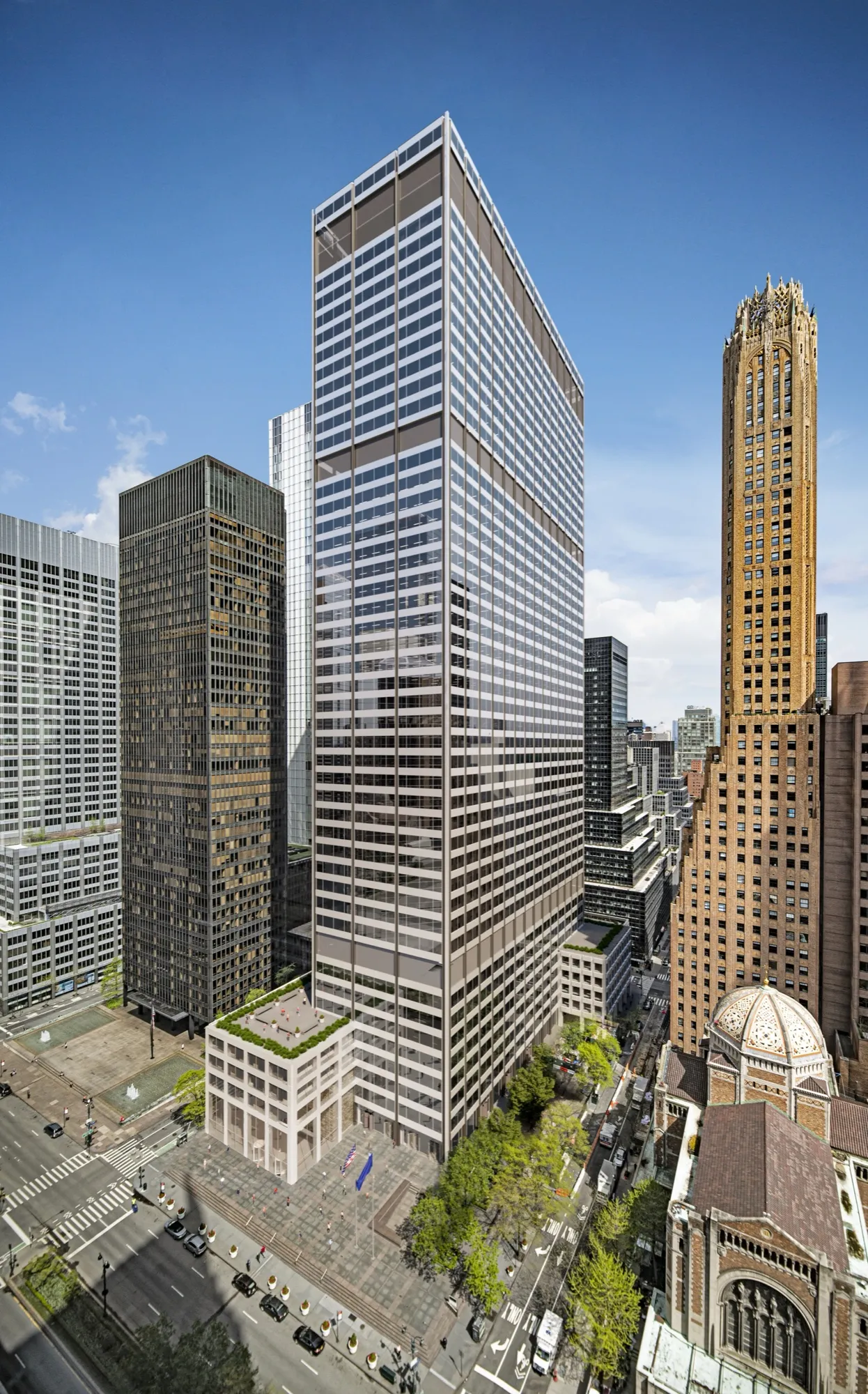 Daytime 3D rendering of the 345 Park Avenue office tower in Midtown Manhattan, New York, rising above Park Avenue among neighboring towers