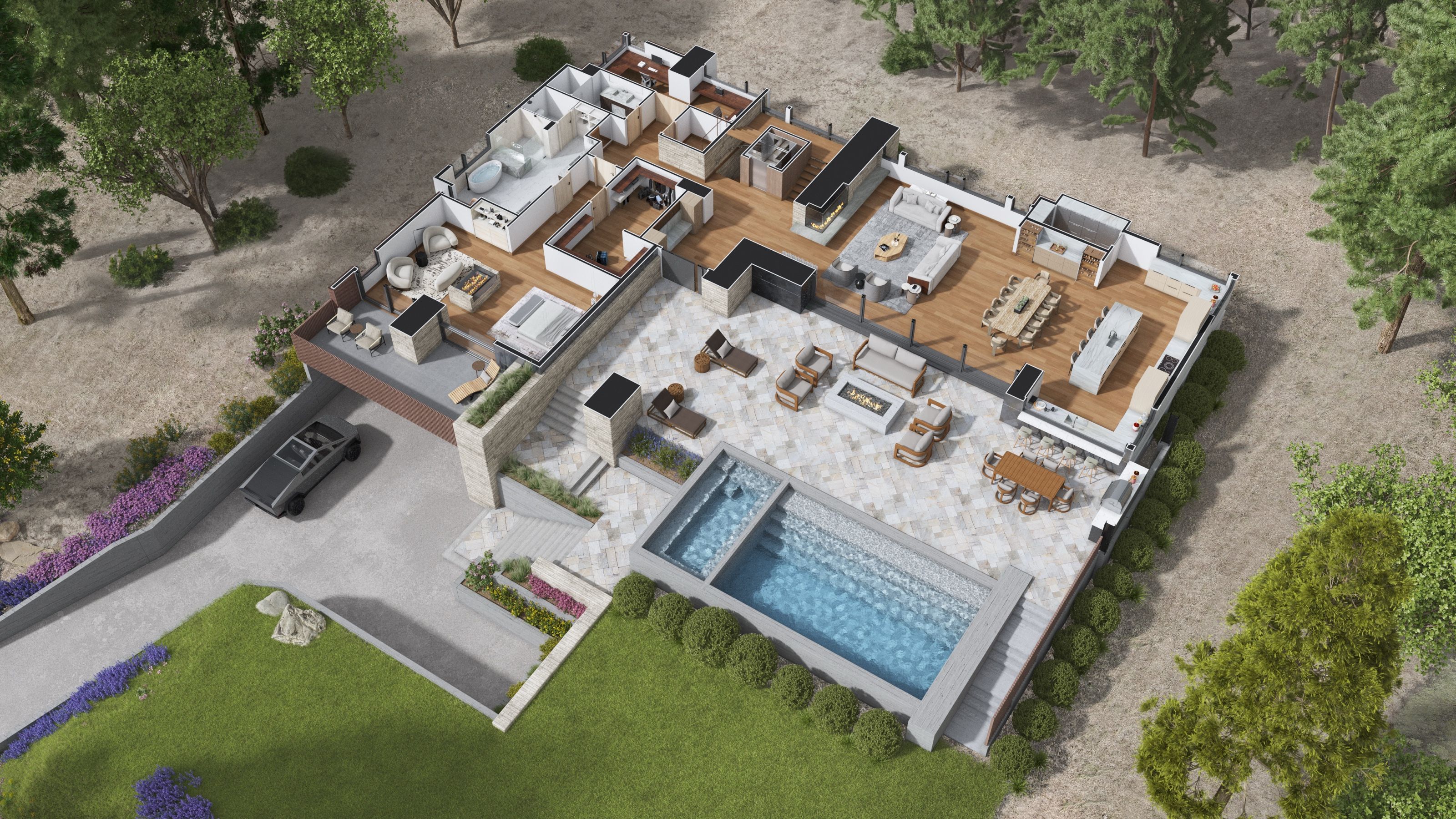 Cutaway aerial 3D rendering of the Clear Creek Tahoe residence, showing the full floor plan, pool terrace, driveway, and wooded site from above.