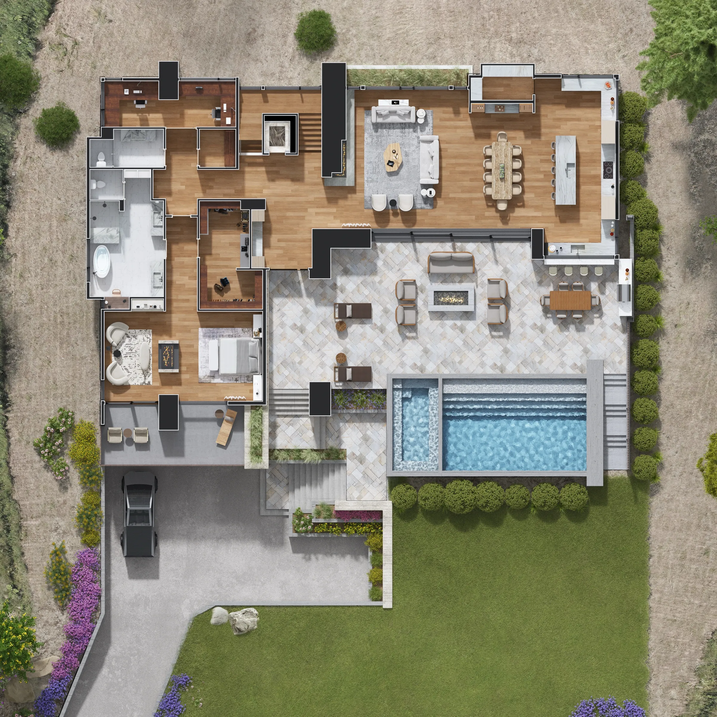 Top-down color floor plan of the Clear Creek Tahoe residence, showing the open kitchen, dining and great room, the primary suite with its bathroom, a study, the stone terrace with fire table and outdoor dining, the pool and spa, the lawn, and the driveway.
