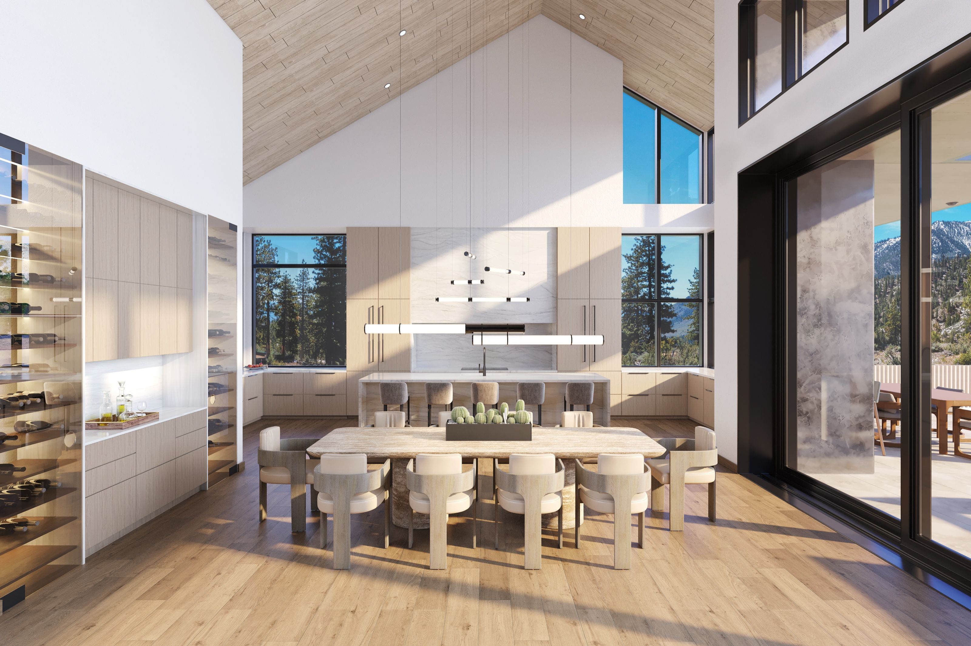 3D interior rendering of the Clear Creek Tahoe dining area beneath a vaulted ceiling, with a sculptural dining table, glass-walled wine display, and full-height windows framing the forest.