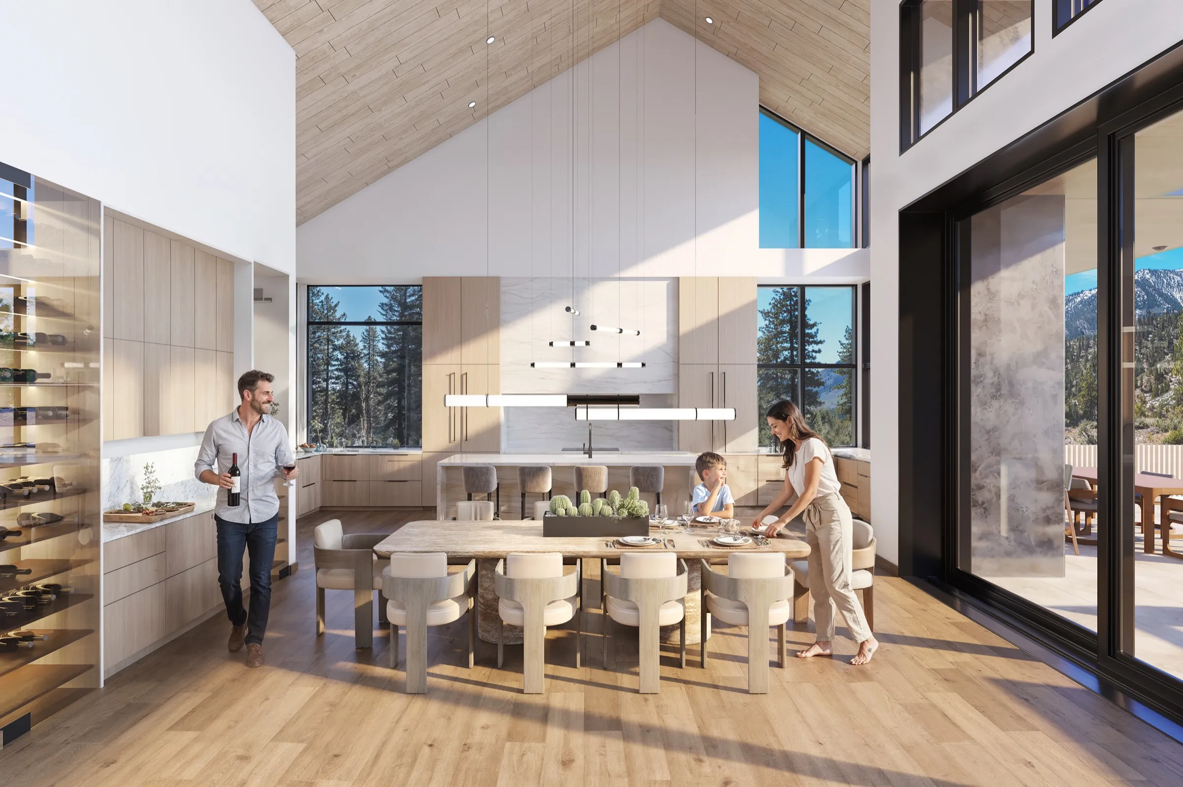 Interior 3D rendering of the double-height dining area at the Clear Creek Tahoe estate, 3532 Knob Point Trail, Nevada, with a family setting the table