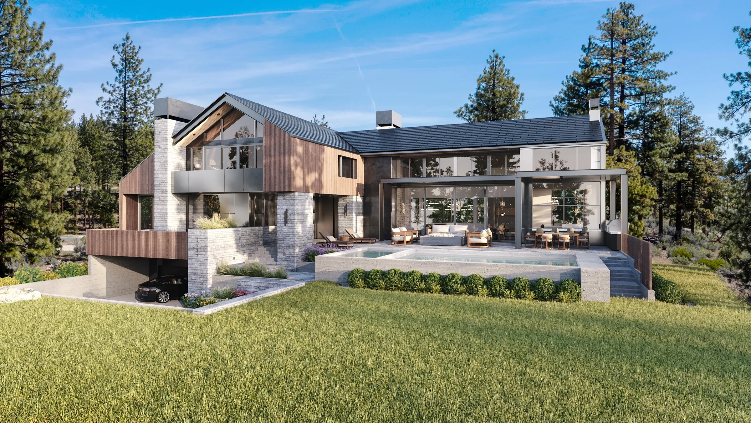 3D exterior rendering of the rear of the Clear Creek Tahoe residence across the lawn, showing gabled timber and stone volumes, a covered living porch, the pool terrace, and the carport below.