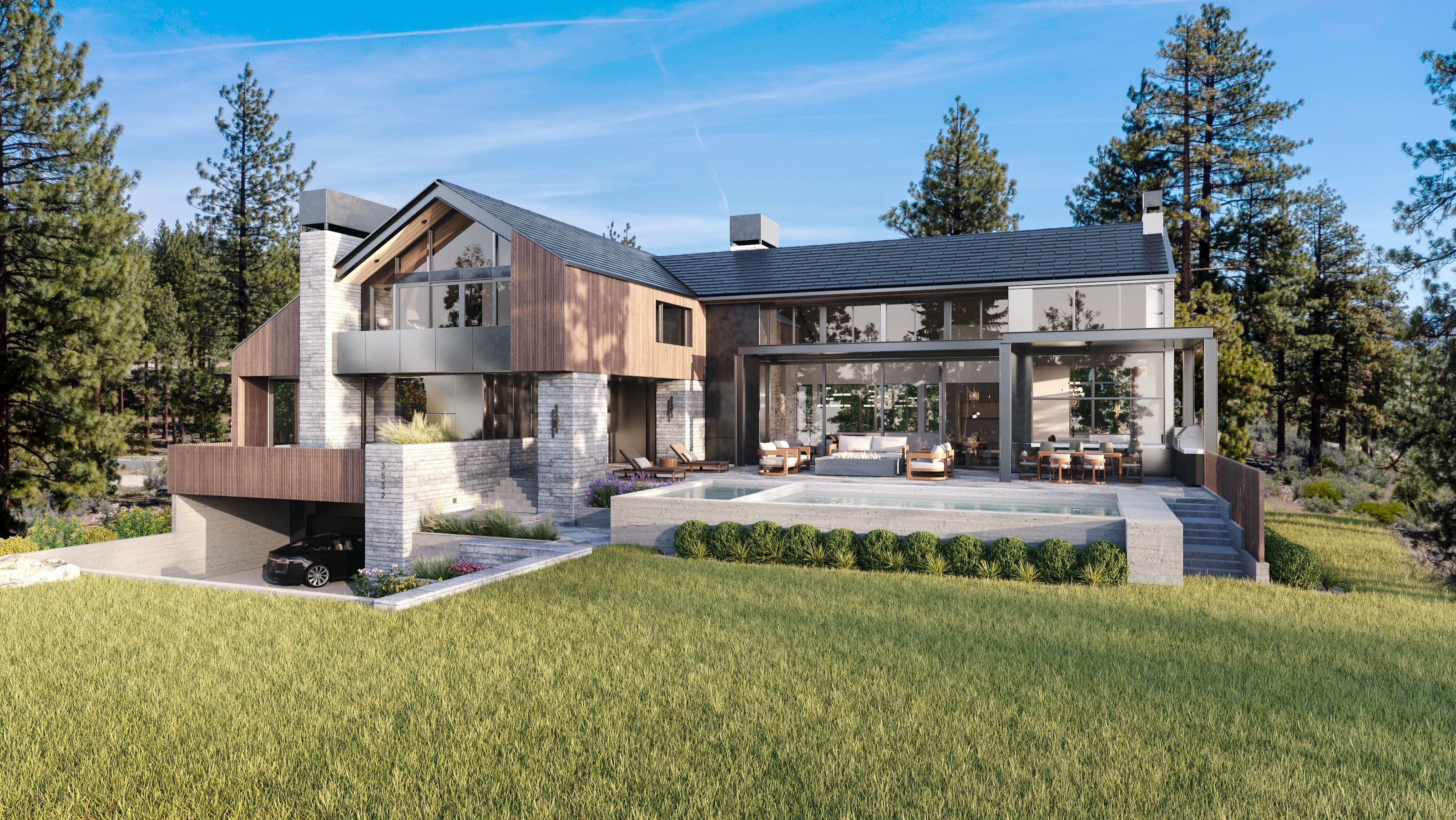 3D exterior rendering of the rear of the Clear Creek Tahoe residence across the lawn, showing gabled timber and stone volumes, a covered living porch, the pool terrace, and the carport below.