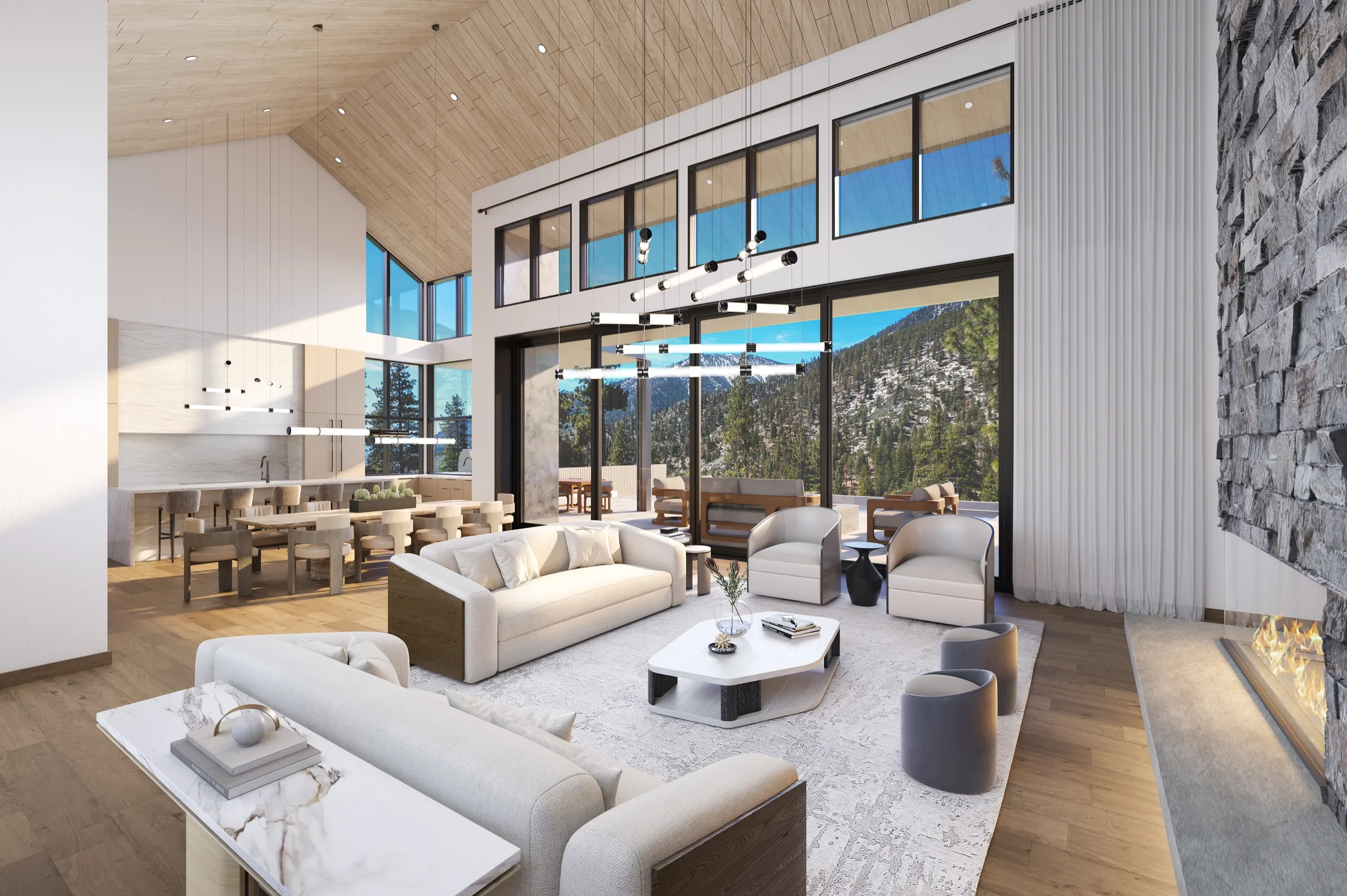 3D interior rendering of the Clear Creek Tahoe great room, with layered neutral seating, a stone fireplace, and a vaulted timber ceiling framing the mountain view.