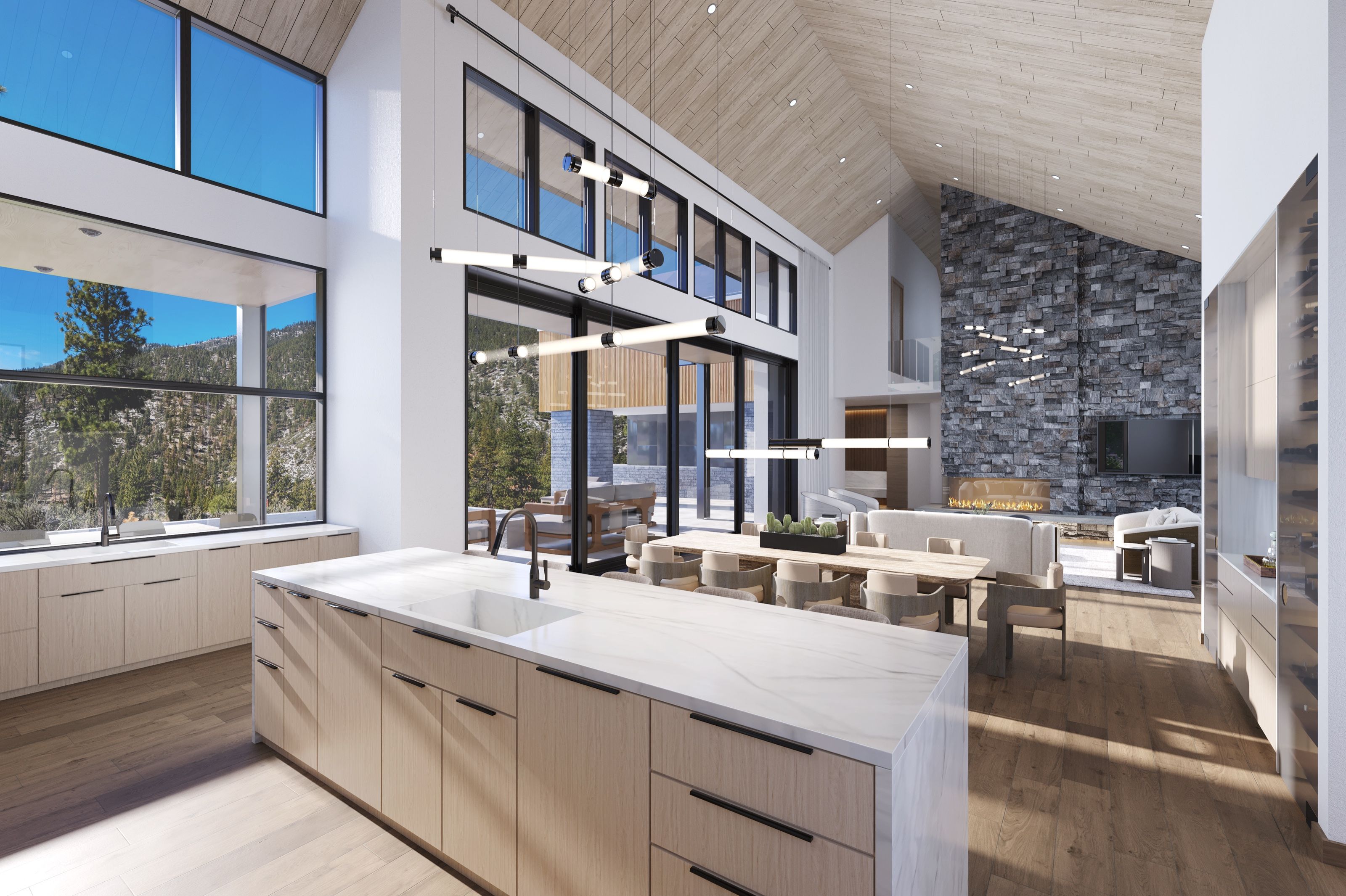 3D interior rendering of the Clear Creek Tahoe kitchen, with a pale marble island, integrated cabinetry, and a vaulted tongue-and-groove ceiling opening to the great room and a stone fireplace wall.