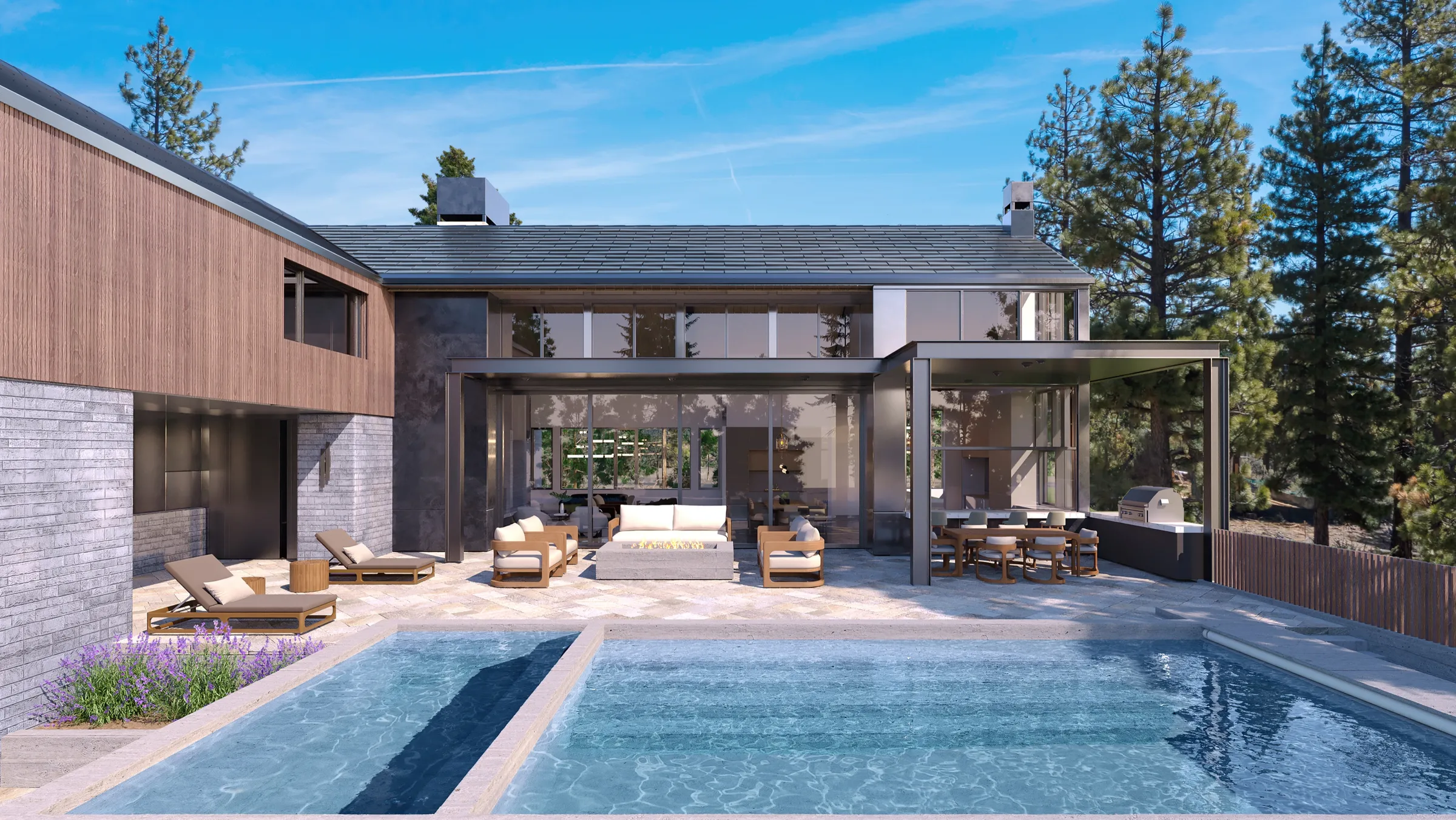 3D exterior rendering of the Clear Creek Tahoe residence, a mountain-modern home in timber and stone, its covered outdoor living room opening onto the pool among pines