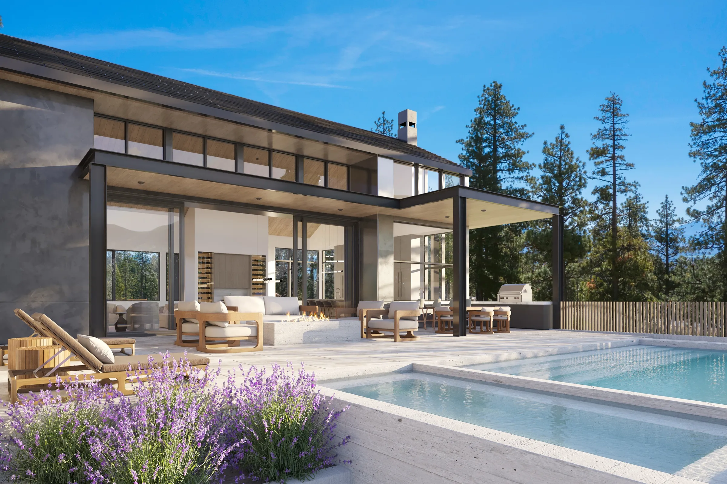 3D exterior rendering of the Clear Creek Tahoe pool terrace with lavender planting, teak loungers, a fire table lounge, and an outdoor kitchen under a steel-framed canopy, with pine forest beyond.
