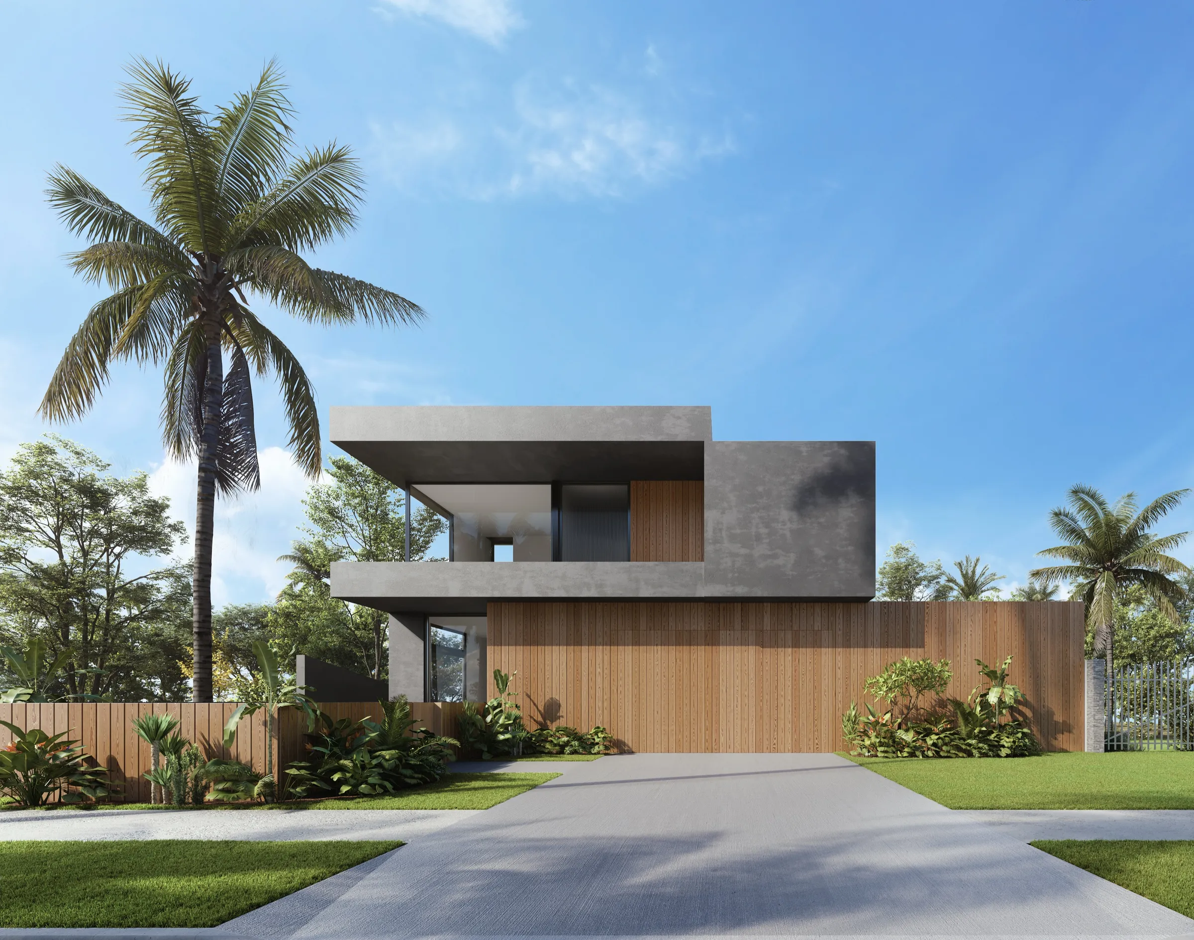 Photorealistic 3D rendering by NoTriangle Studio of the front of 3629 Grand View Boulevard, Mar Vista: a dark plaster upper floor over a long vertical timber fence and garage, with a tall palm and tropical planting beside the driveway.