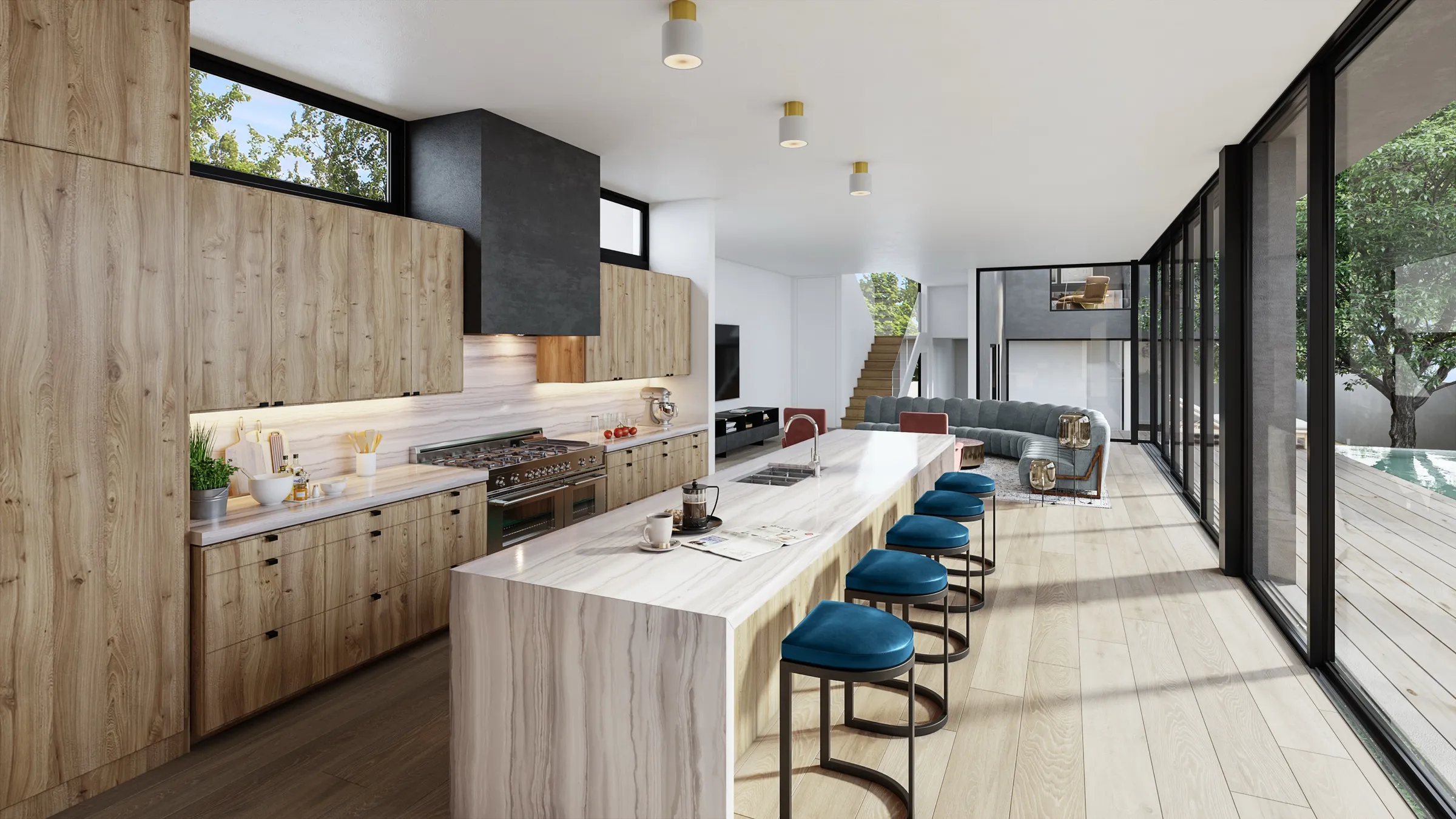 Photorealistic 3D rendering by NoTriangle Studio of the kitchen at 3629 Grand View Boulevard, Mar Vista: a long waterfall-edge stone island with blue velvet stools, figured oak cabinets and a glass wall to the pool deck and the oak.