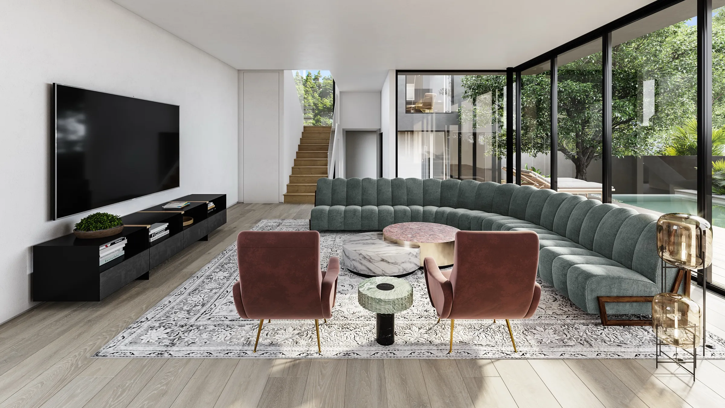 Photorealistic 3D rendering by NoTriangle Studio of the living room at 3629 Grand View Boulevard, Mar Vista: a curved green velvet sofa, two rose armchairs and marble tables on a patterned rug, with glass walls to the pool and the oak.