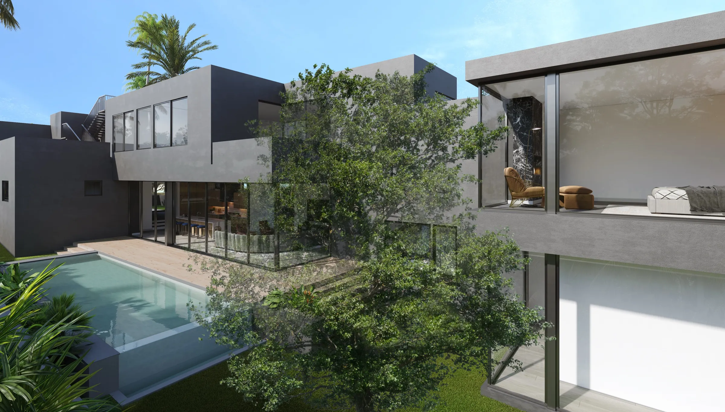 Photorealistic 3D rendering by NoTriangle Studio of the courtyard at 3629 Grand View Boulevard, Mar Vista: a mature oak tree between dark plaster wings with glass corners, a bedroom visible upstairs, and a pool along a timber terrace.