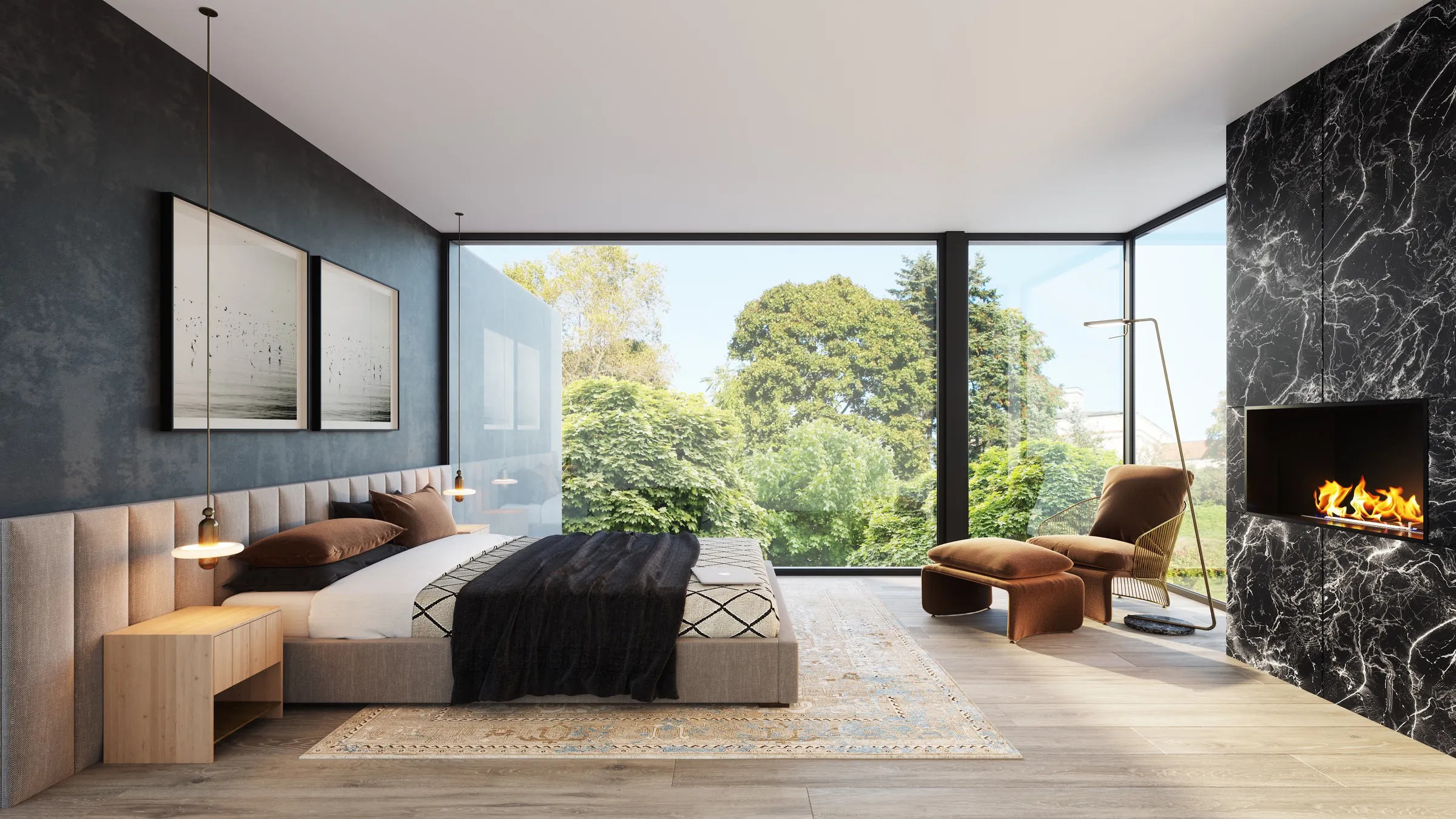 Photorealistic 3D rendering by NoTriangle Studio of the primary bedroom at 3629 Grand View Boulevard, Mar Vista: an upholstered wall behind the bed, a black marble fireplace wall and floor-to-ceiling glass onto tree canopies.